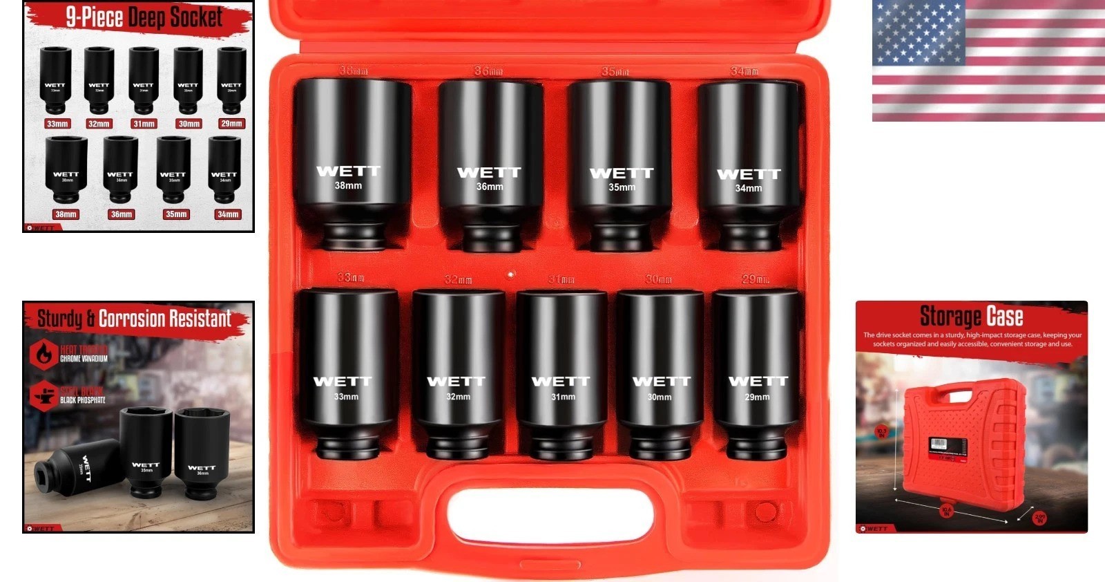 9-Piece Chrome Vanadium 1/2″ Drive Deep Socket Set with Black Phosphate Finish