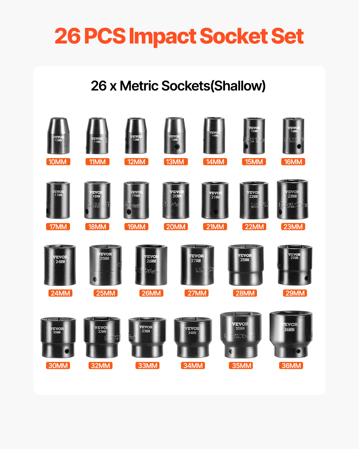 VEVOR Impact Sockets Set 1/2 Inch Drive 26PCS Standard Length Impact Set 6-Point