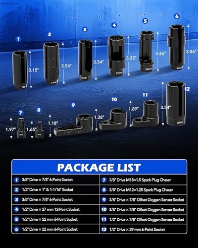 Oxygen Sensor Socket Set 12 Piece 22mm 27mm 29mm 7/8 1-1/16 Inch O2 Removal Tool
