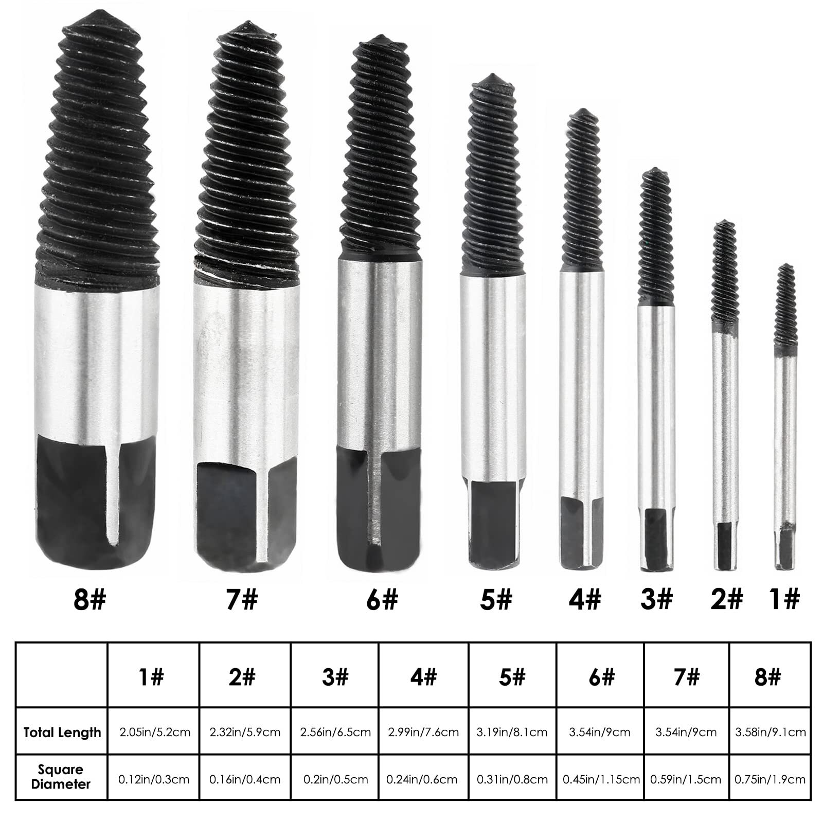 8 pcs Damaged Stripped Screw Extractor Set Broken Bolt Water Pipe Remover Set