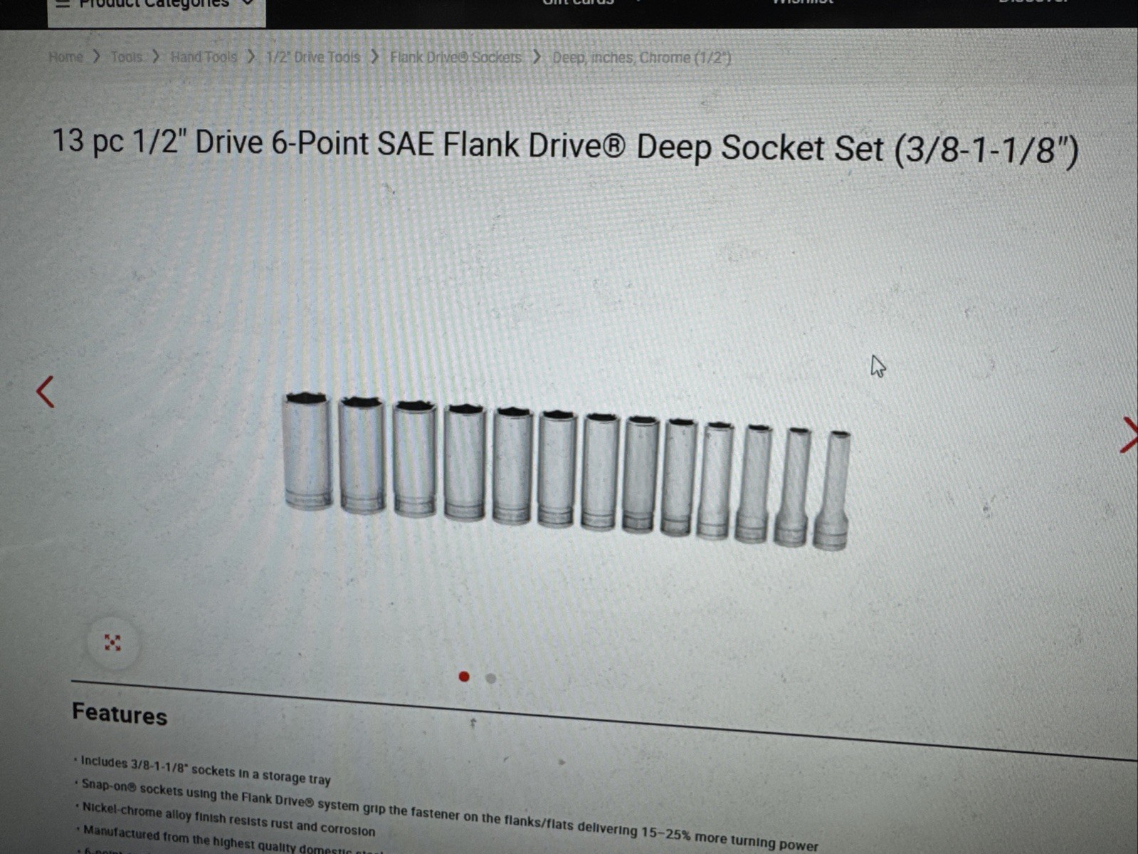 SNAP ON 313TSYA 13pc 1/2” Drive SAE Flank Drive Deep Socket Set (3/8 – 1 1/8)