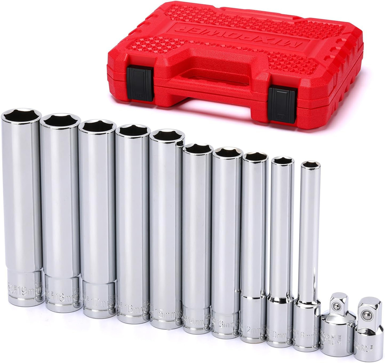 12 Piece Deep Socket Set 3/8 and 1/2 Inch Drive Impact Grade Chrome Vanadium