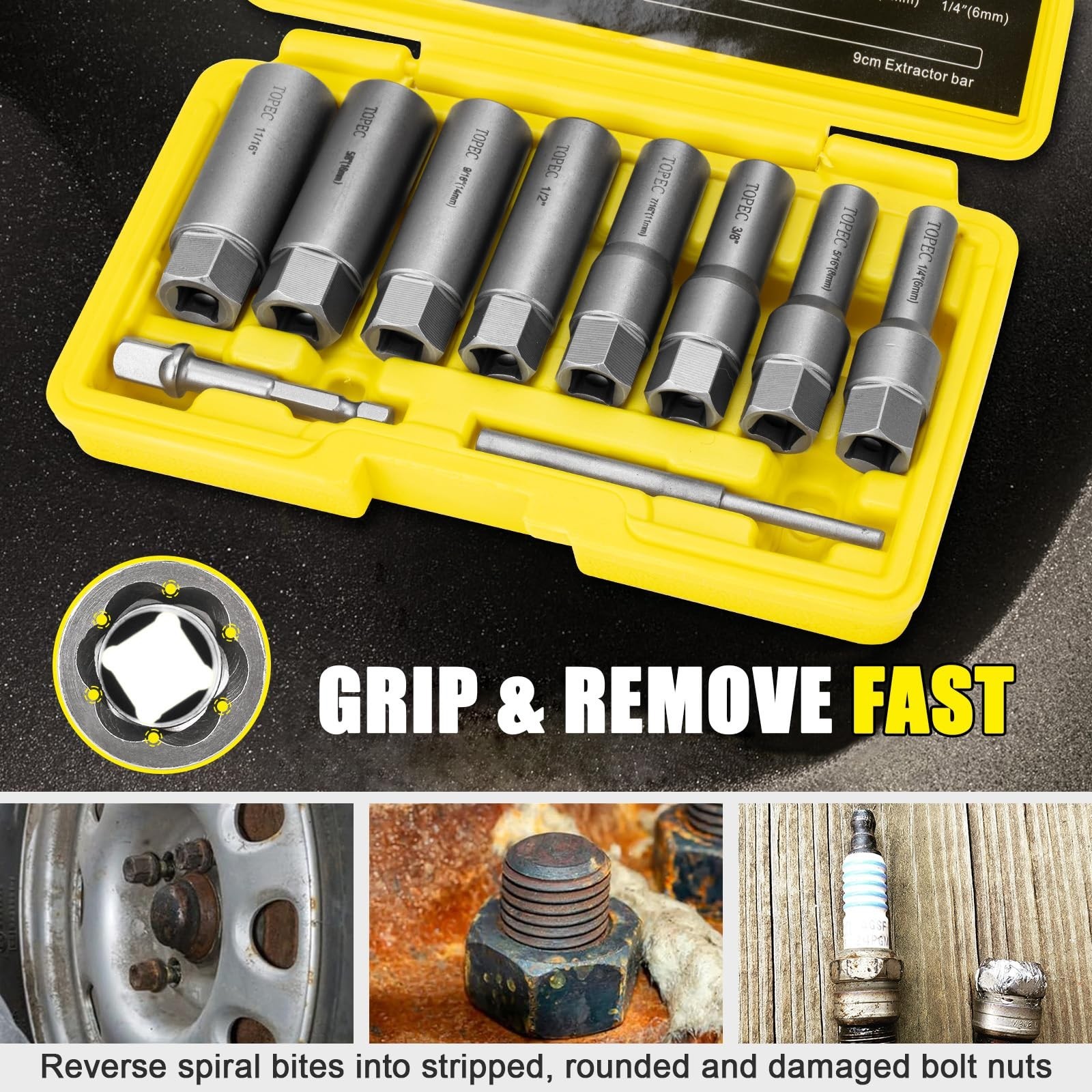 10-Piece Spiral Type Deep Bolt Extractor Set, Spark Plug Extraction Socket Set
