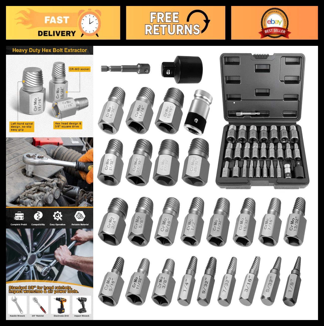 27PCS Heavy Duty Screw Extractor Set, Easy Out Bolt Extractor Kit for Damaged Sc