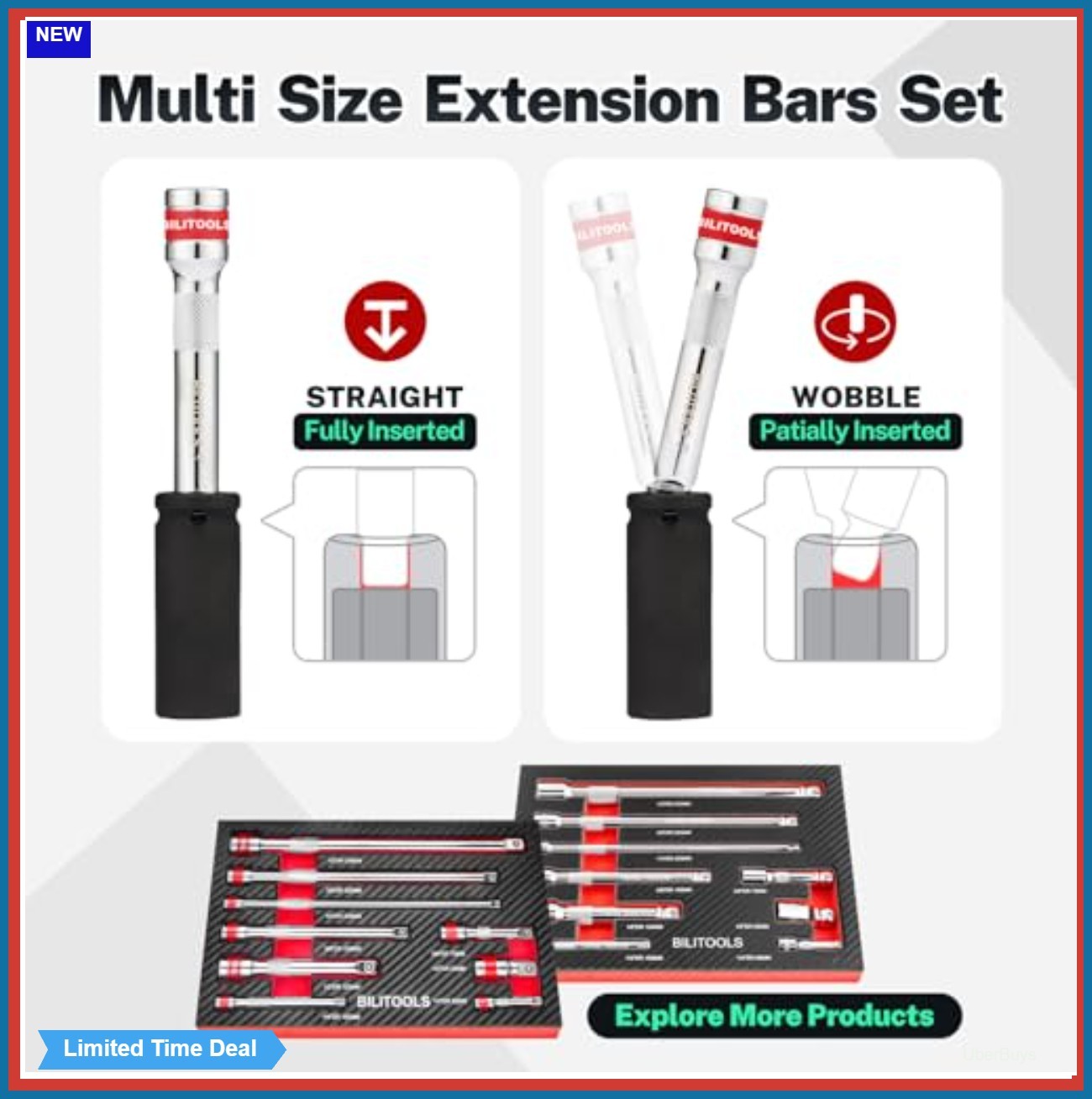 9 Piece Hex Wobble Extension Set 1/4 3/8 1/2 Inch Drive Chrome Vanadium Steel