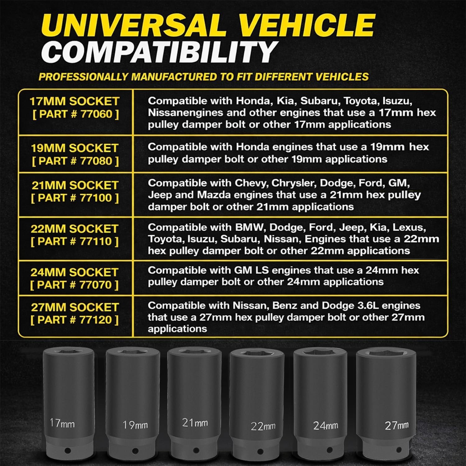 1/2’’ Drive Weighted Crank Bolt Socket Set, 17MM, 19MM, 21MM, 22MM, 24MM, 27MM