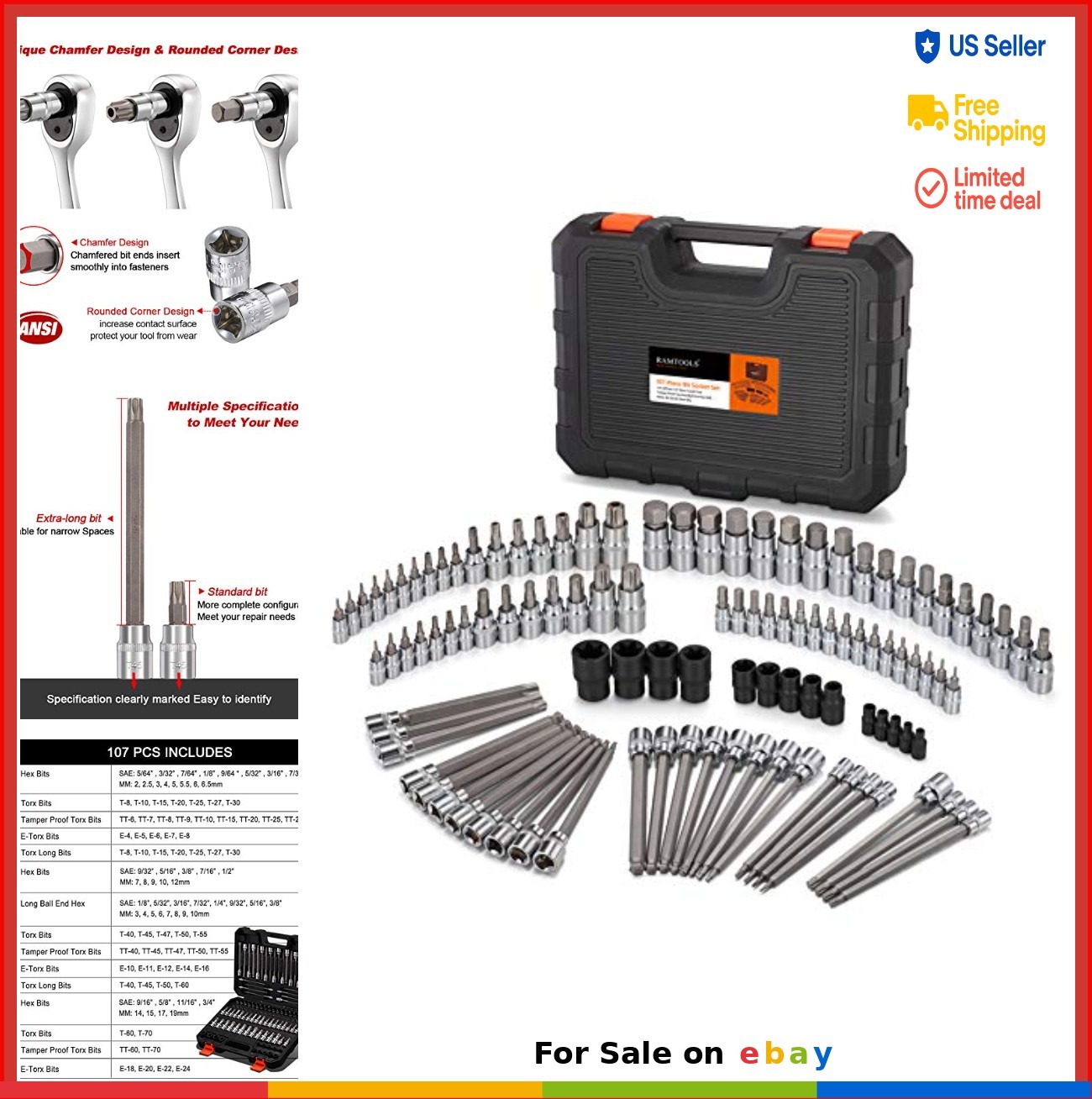 107-Piece Allen and Torx Bit Socket Set 1/4 3/8 1/2 Drive SAE Metric Ball End