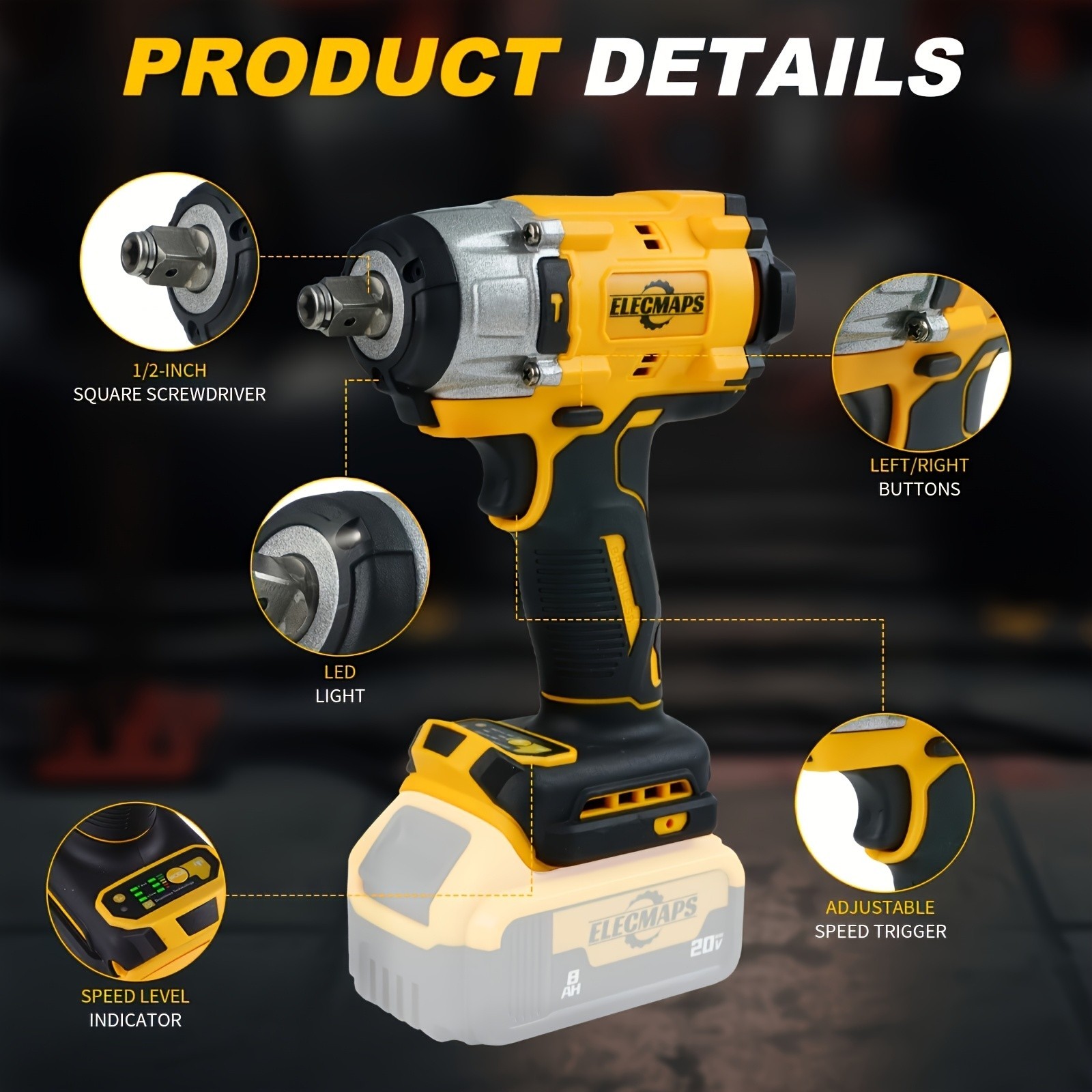 1/2-inch Cordless Impact Wrench, 3600RPM/430N High Torque