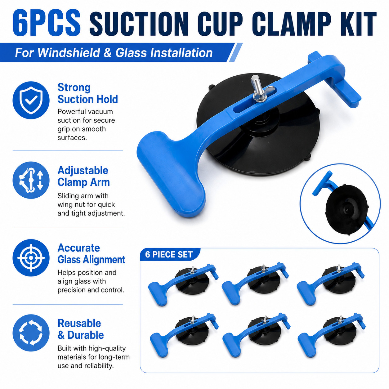 6PCS Suction Cup Clamp Kit for Car Windshield Glass Holder Repair Installation