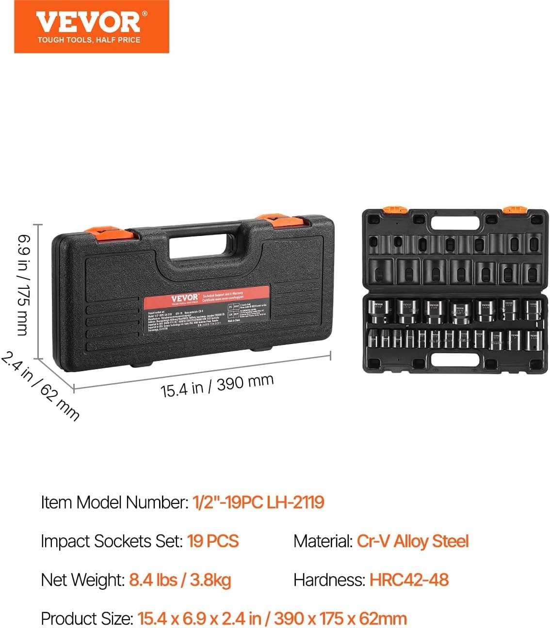 Vevor Impact Socket Set 1/2 Inches 19 Piece SAE Hex Impact Sockets