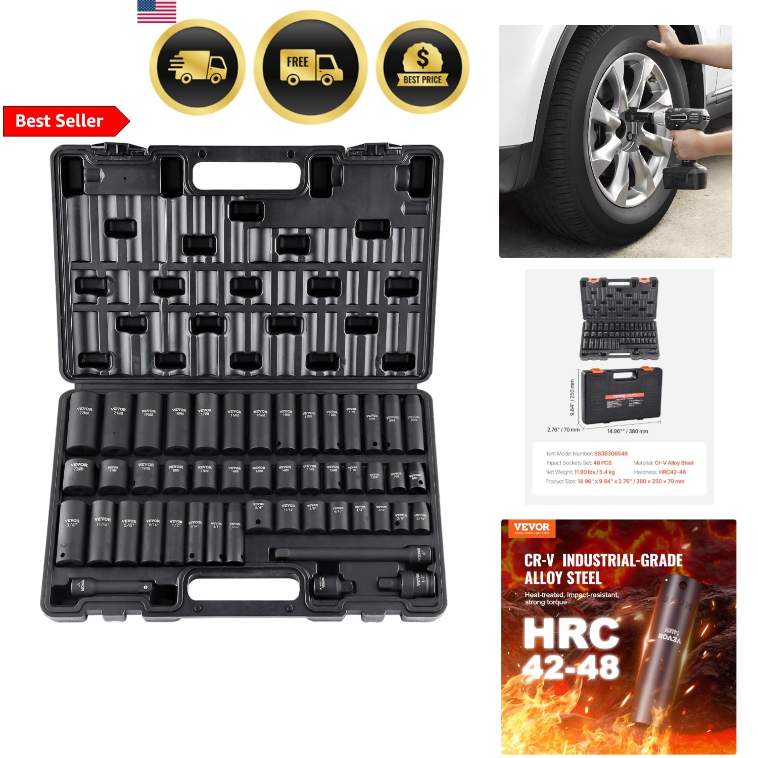 Impact Socket Set 3/8 Drive 48 Pieces SAE Metric Deep Shallow CR-V Alloy