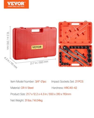 Impact Socket Set 3/4 Inch Drive 21 Piece SAE Deep Cr-V Alloy Steel Ratchet Case