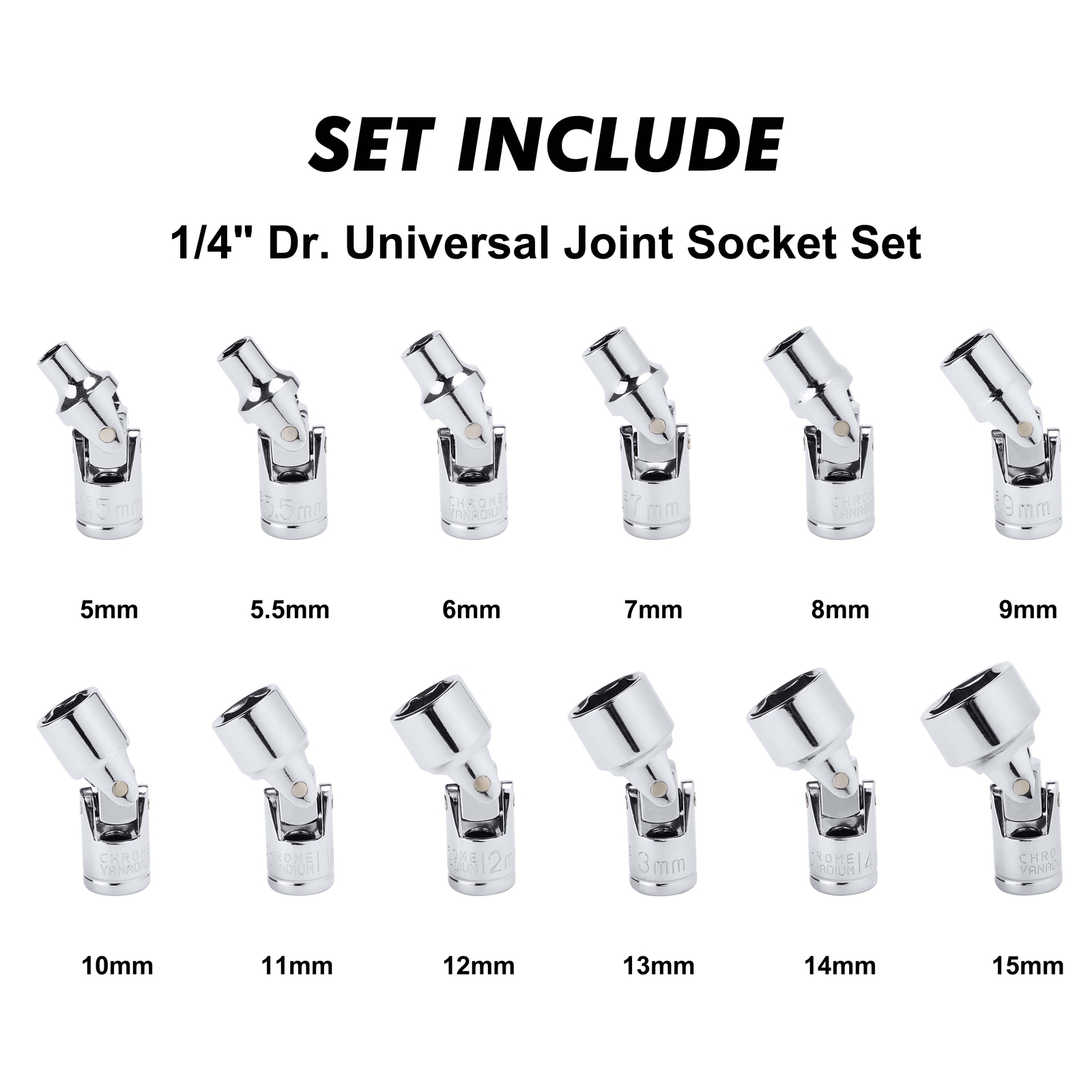 1/4″ Drive Metric Universal Joint Impact Socket Set,Swivel Head CR-V 12 PCS