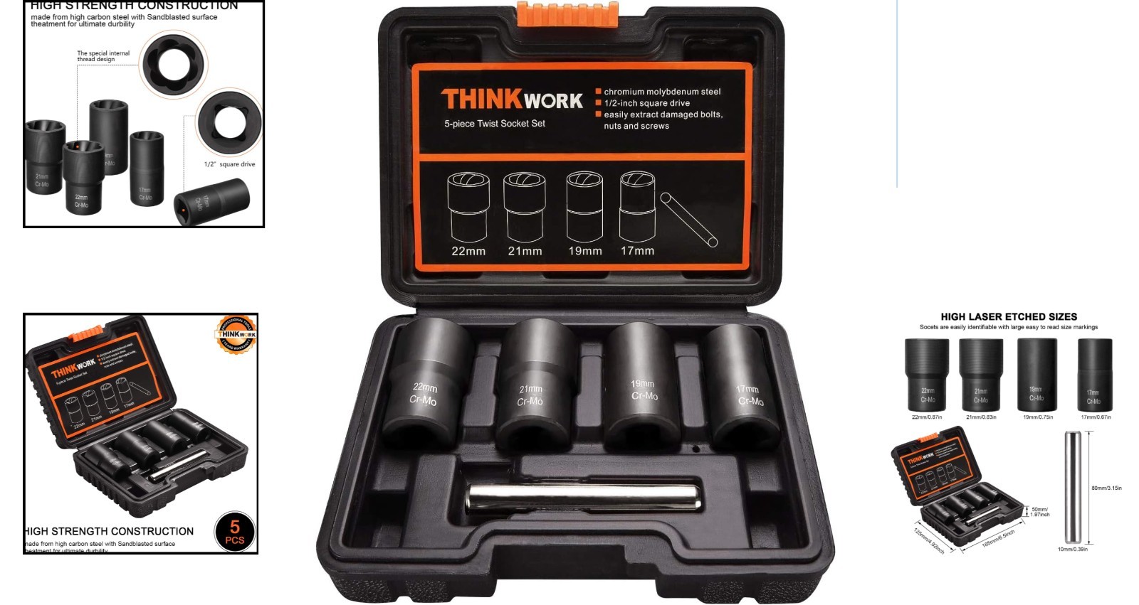 5-Piece High Carbon Steel Lug Nut Removal Tool Kit for Stripped and Rusted Nuts
