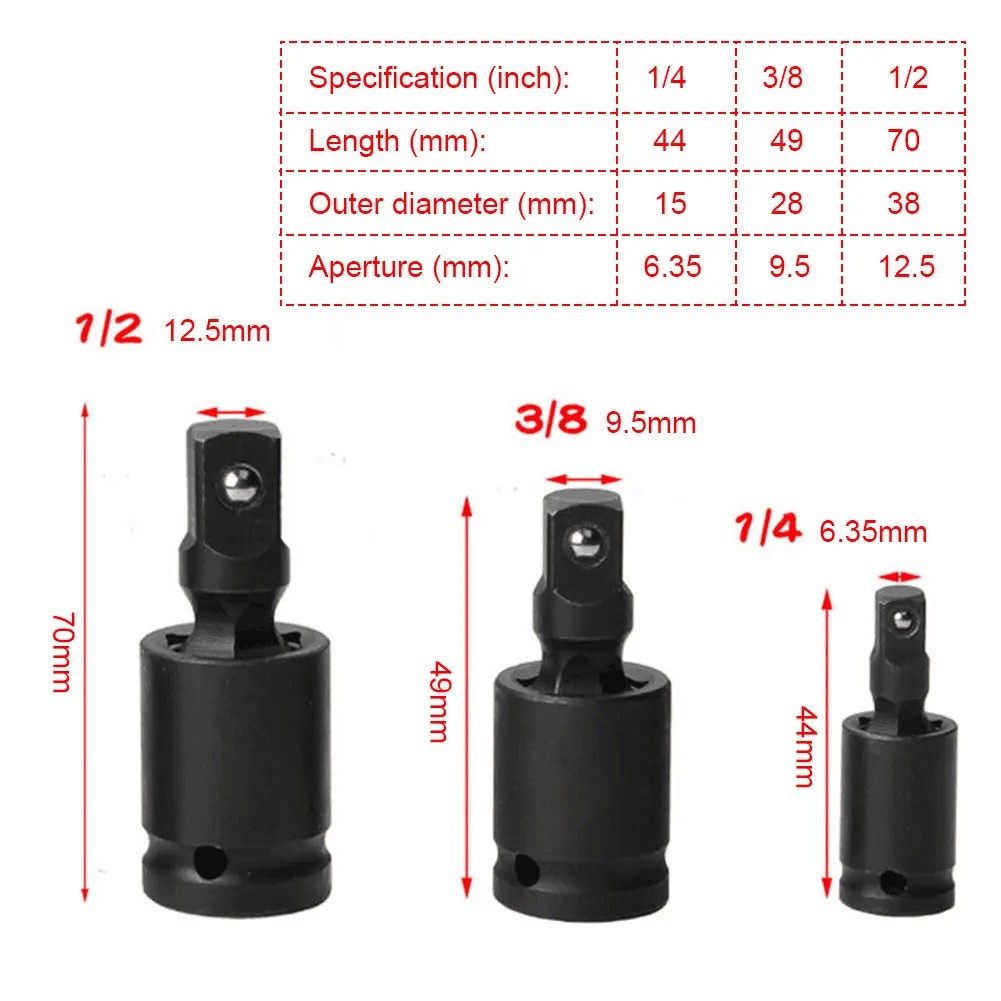 Set of 3 Universal Joint Swivel Socket Adapter Set 1/4″ 3/8″ 1/2″ Impact Joint