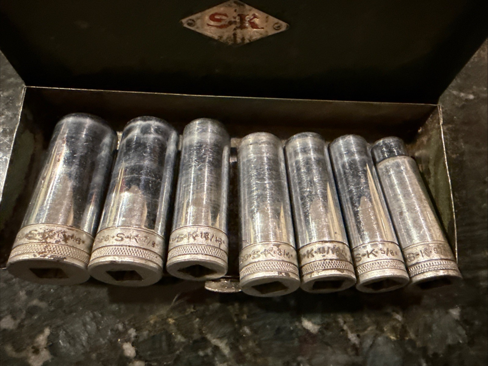 Vintage 7 Piece SK 1/2” Drive 12 Point Deep SAE Socket Set USA With Metal Case