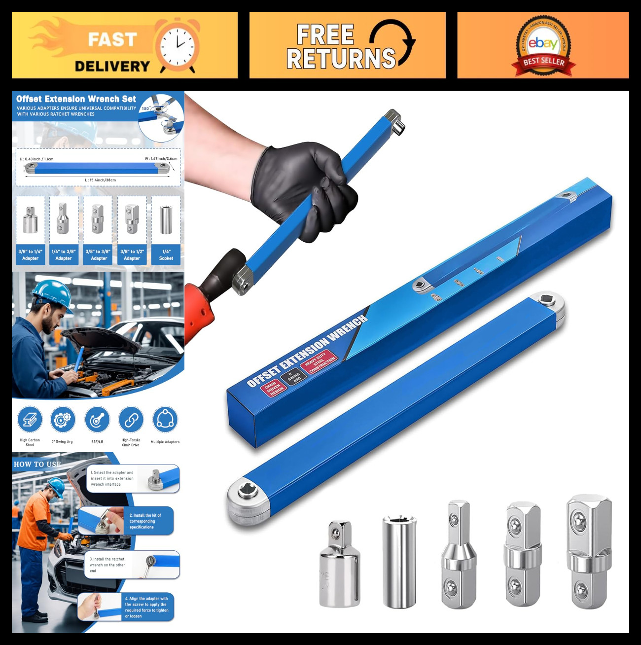 Offset Extension Wrench Set, 15.4″ Tight Reach Tool with 1/2″, 1/4″, 3/8″ Adapte
