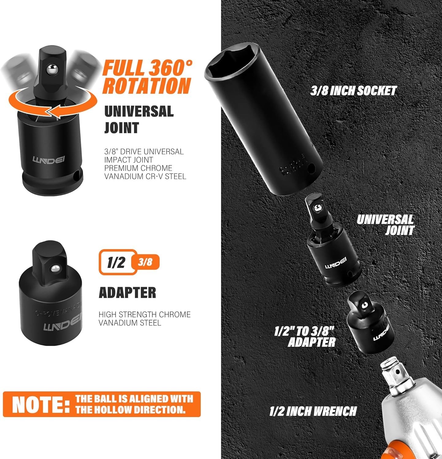 Chrome Vanadium Steel Impact Socket Set 3/8-Inch Drive with 1/2 to 3/8 Reducer