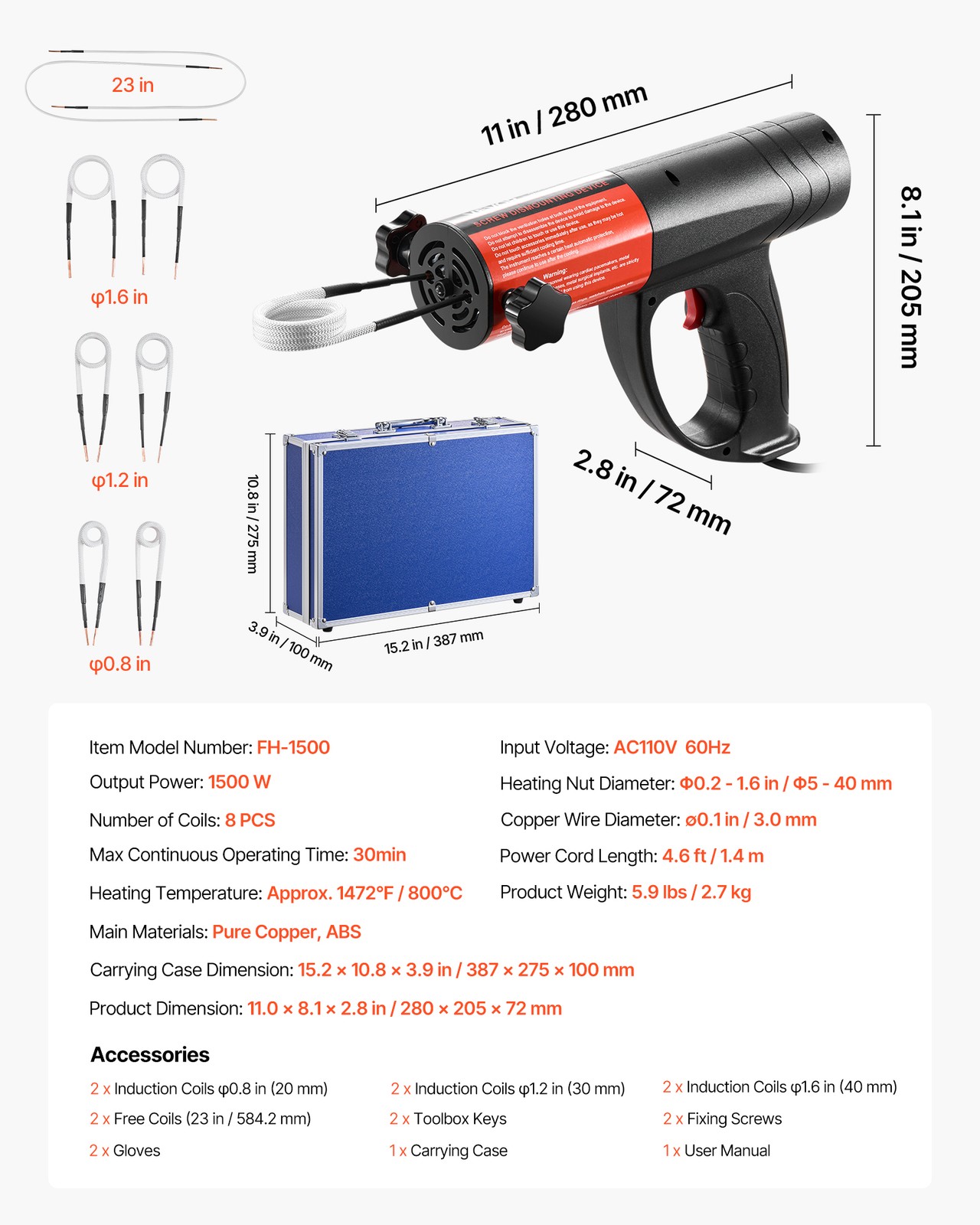 VEVOR Induction Heater Bolt Removal Magnetic Kit Rusty Screw Removing 1500W 110V
