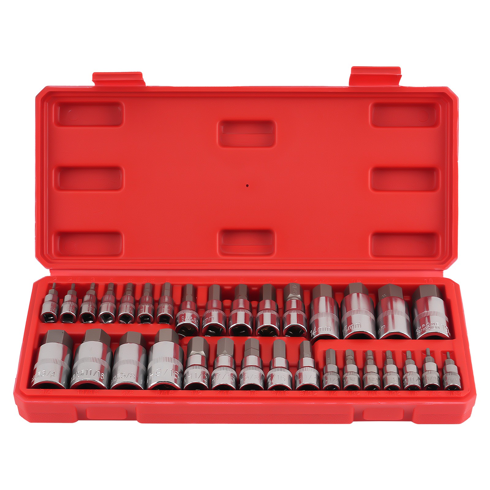 32 Piece Chrome Hex Bit Socket Set 1/4 3/8 1/2 Drive S2 Steel Metric