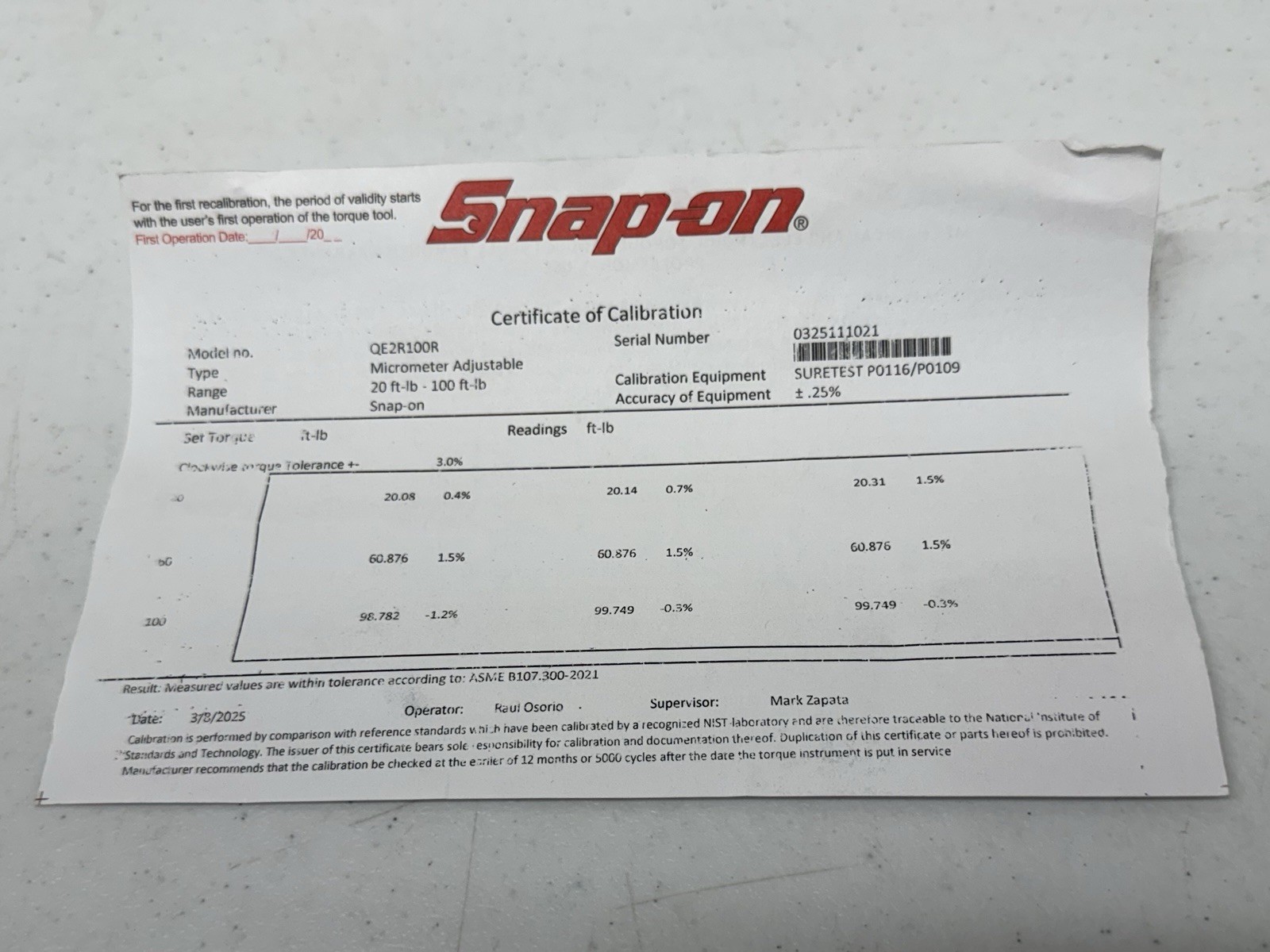 Snap On 3/8” Dr RED Adjustable Click Type Torque Wrench #QE2R100R