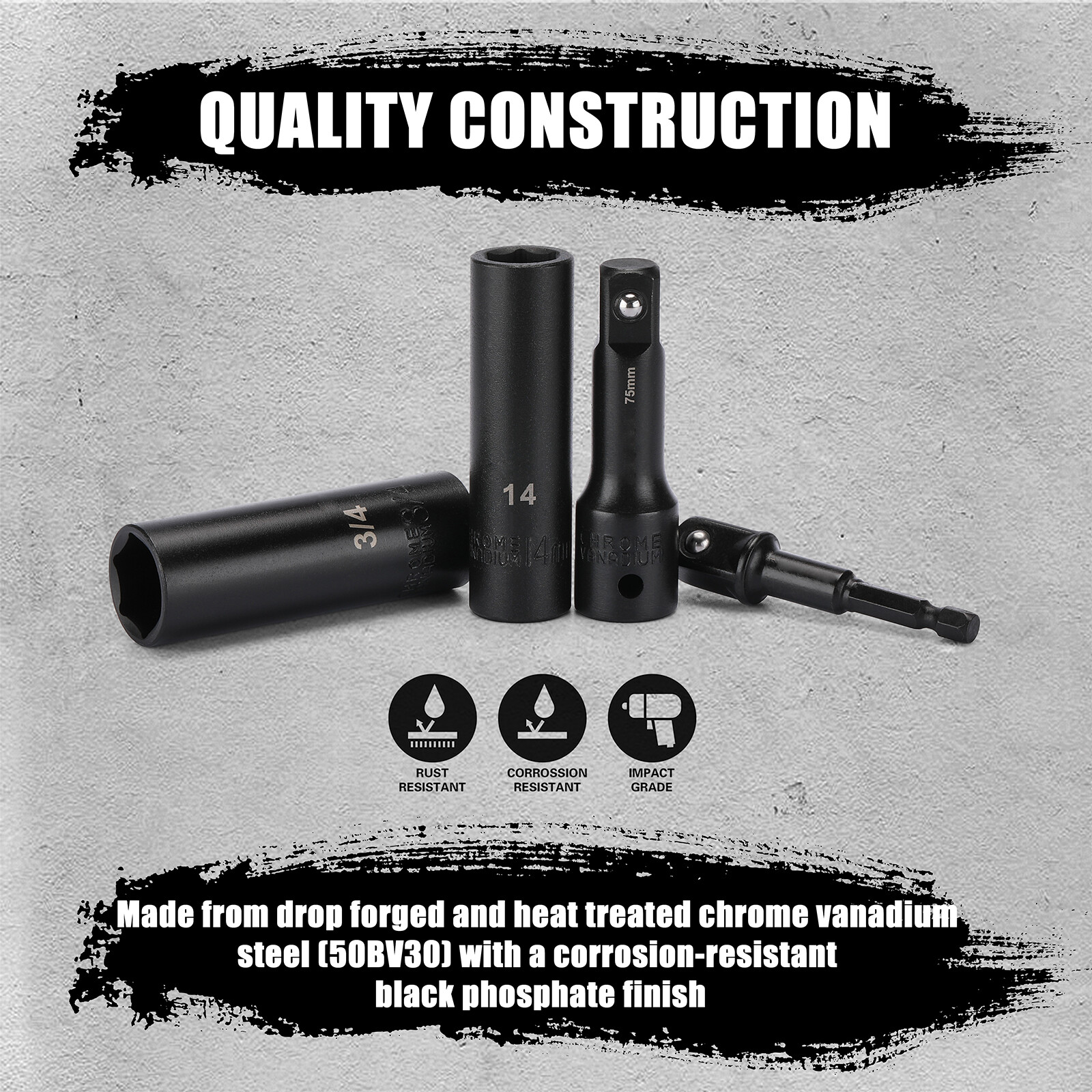 5PCS 1/2″ Drive Impact Socket Set Deep Cr-V Steel 6Point Metric&SAE 12mm to 24mm