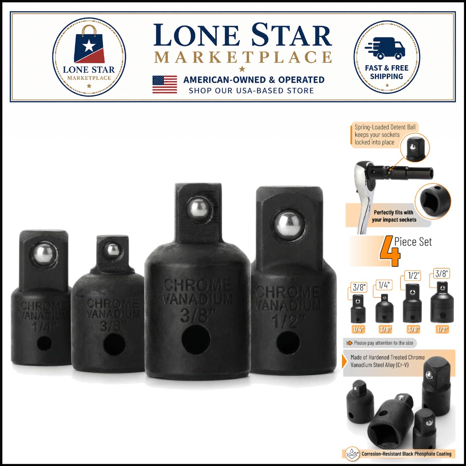 Versatile Impact Socket Adapter Set – 4-Piece Chrome Vanadium with Black Coating