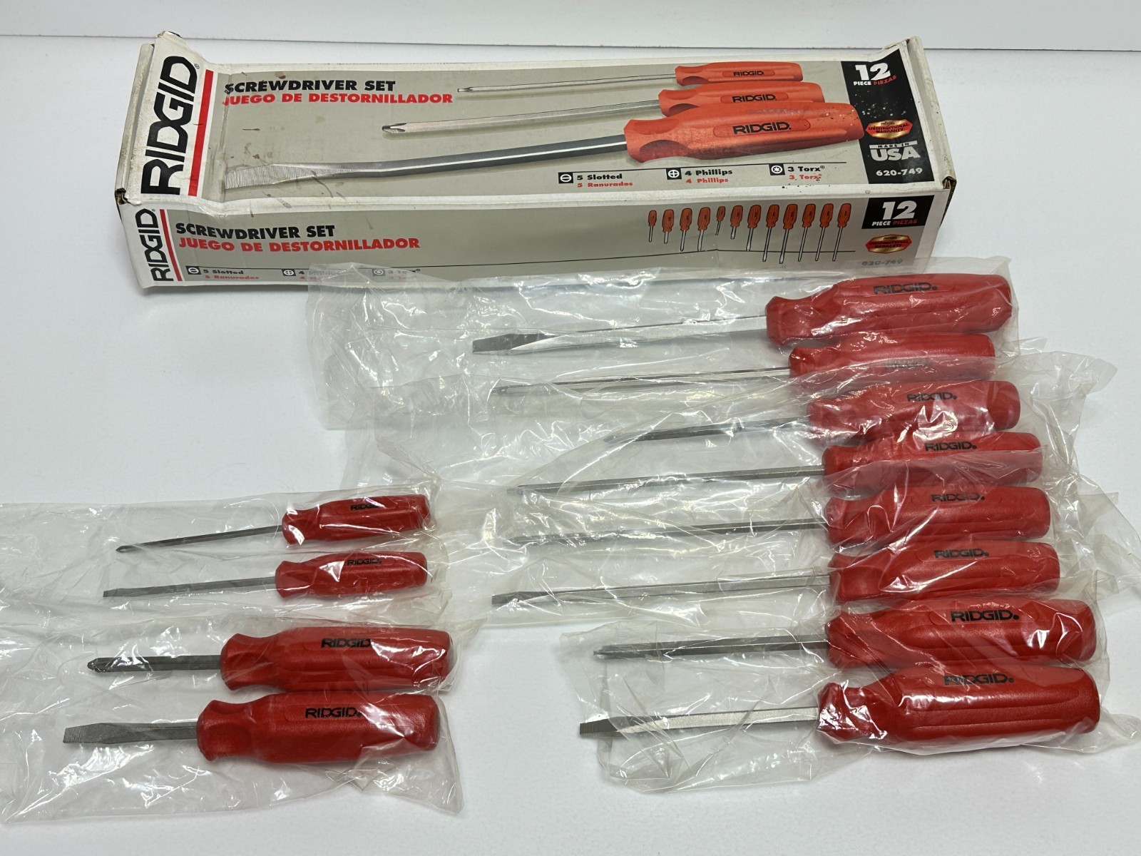NOS RIDGID Tools USA (Rare) 620-749 12pc Red-Orange Handle Screwdriver Set, Box