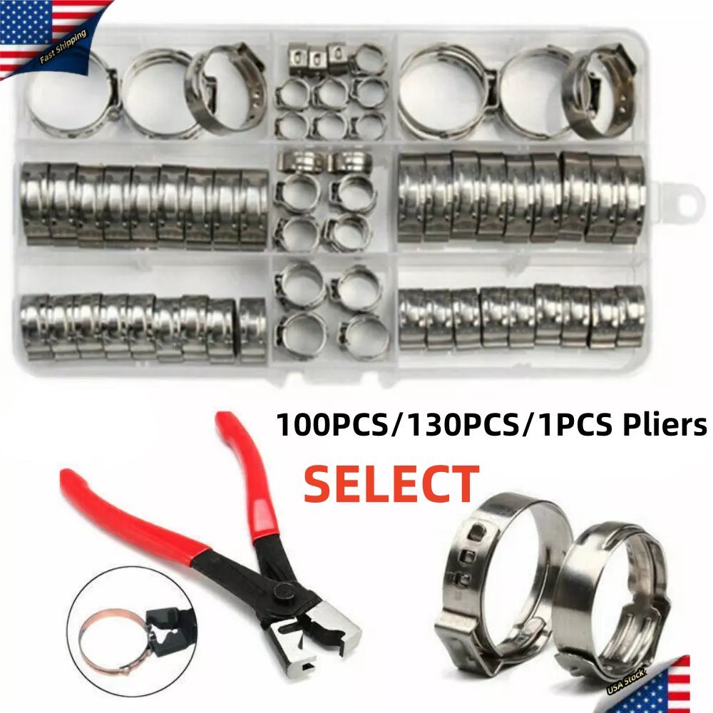 100/130X Hose Clamp Assorted Stainless Steel Ear Cinch Rings Crimp Pipe Clip Set