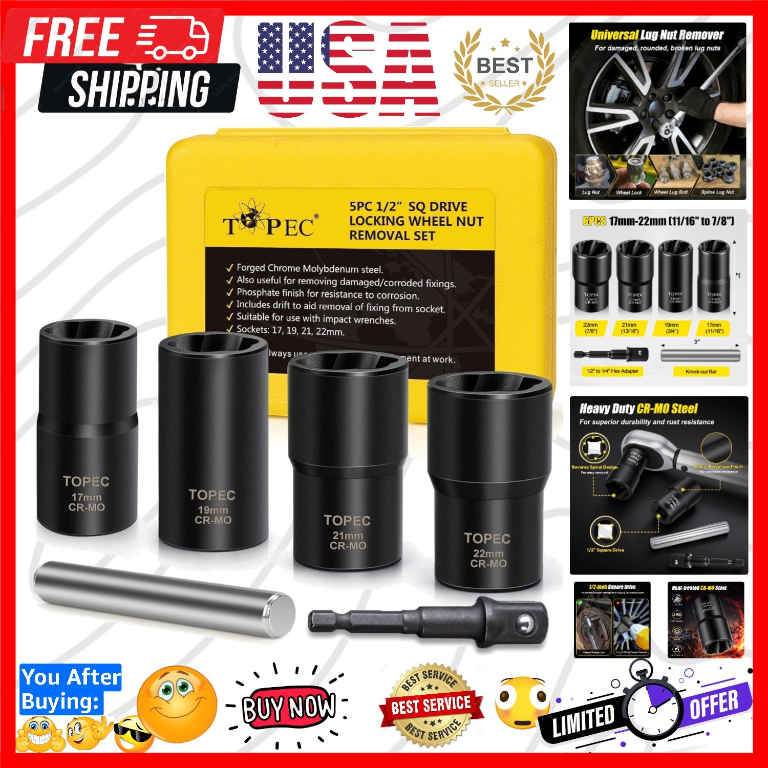 6PCS Lug Nut Removal Tool, 1/2-Inch Drive Wheel Lock Removal Kit, 17,19,21,22…