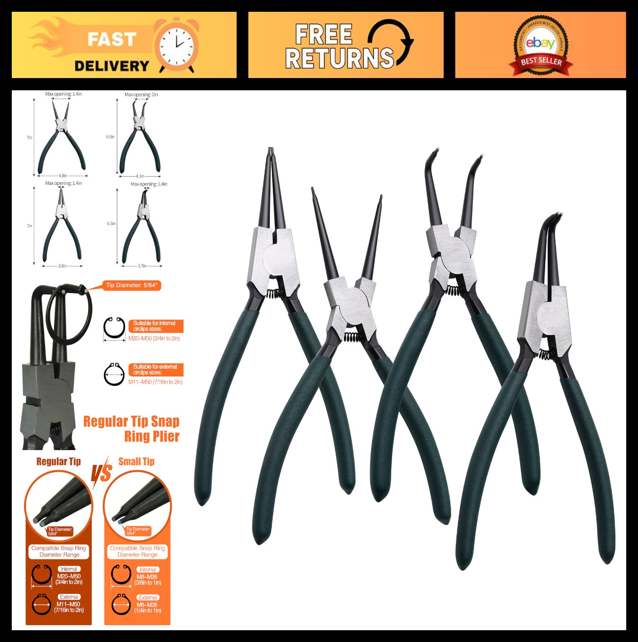 4pcs Snap Ring Pliers Set – 7″ Internal/External Circlip Kit, Heavy Duty Spring