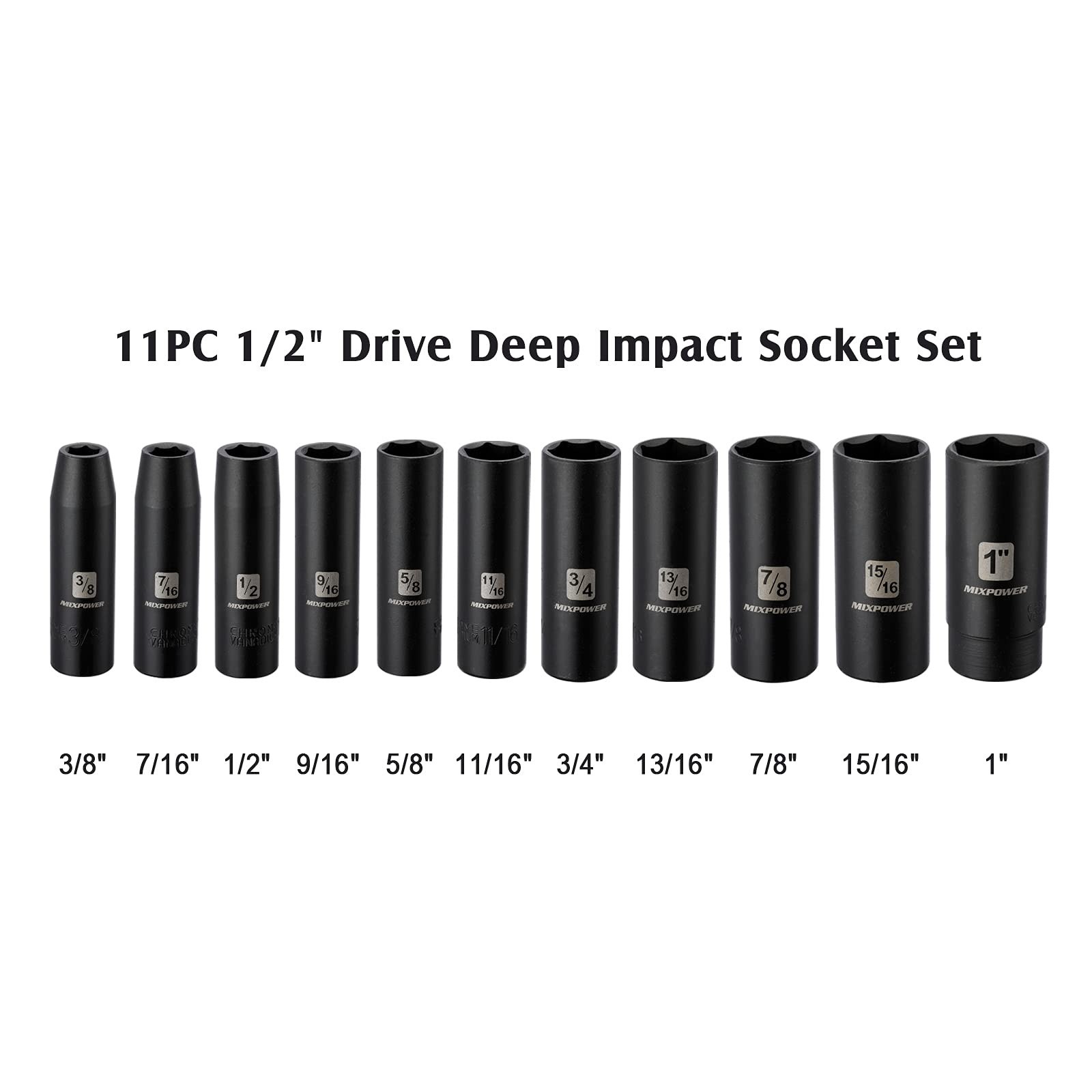 11-Piece 1/2″ Drive Deep Impact Socket Set, SAE CR-V 6 Point, 3/8″ to 1″ Sizes
