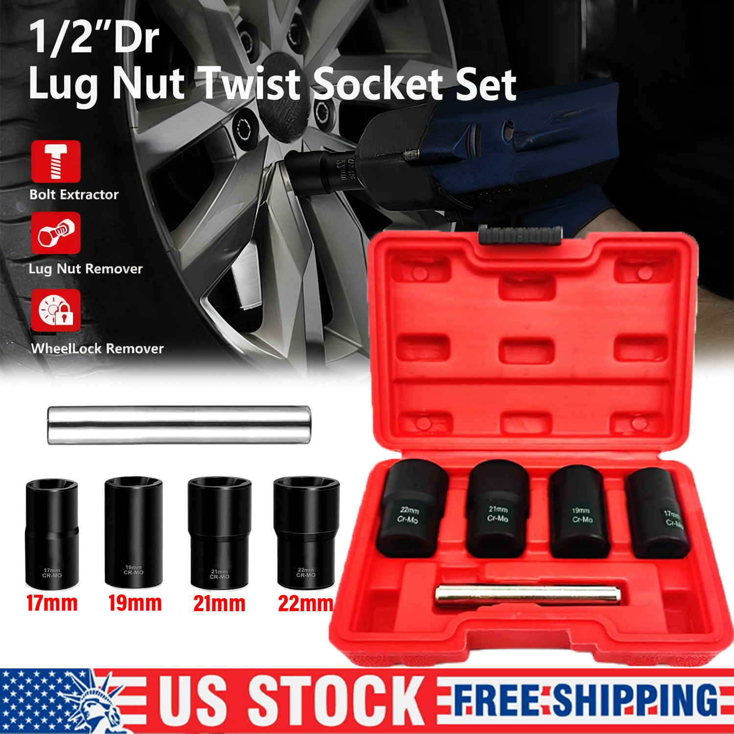 5Pc Wheel Lug Nut Remover 1/2″ Drive Twist Socket Kit Remove Damaged Locked Nut