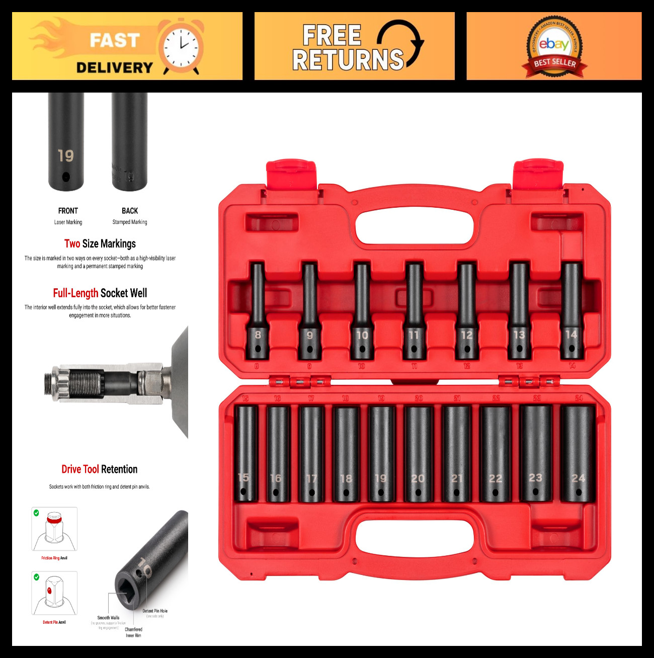 17-Piece 1/2″ Drive Impact Socket Set | Durable Chrome Vanadium, High Torque