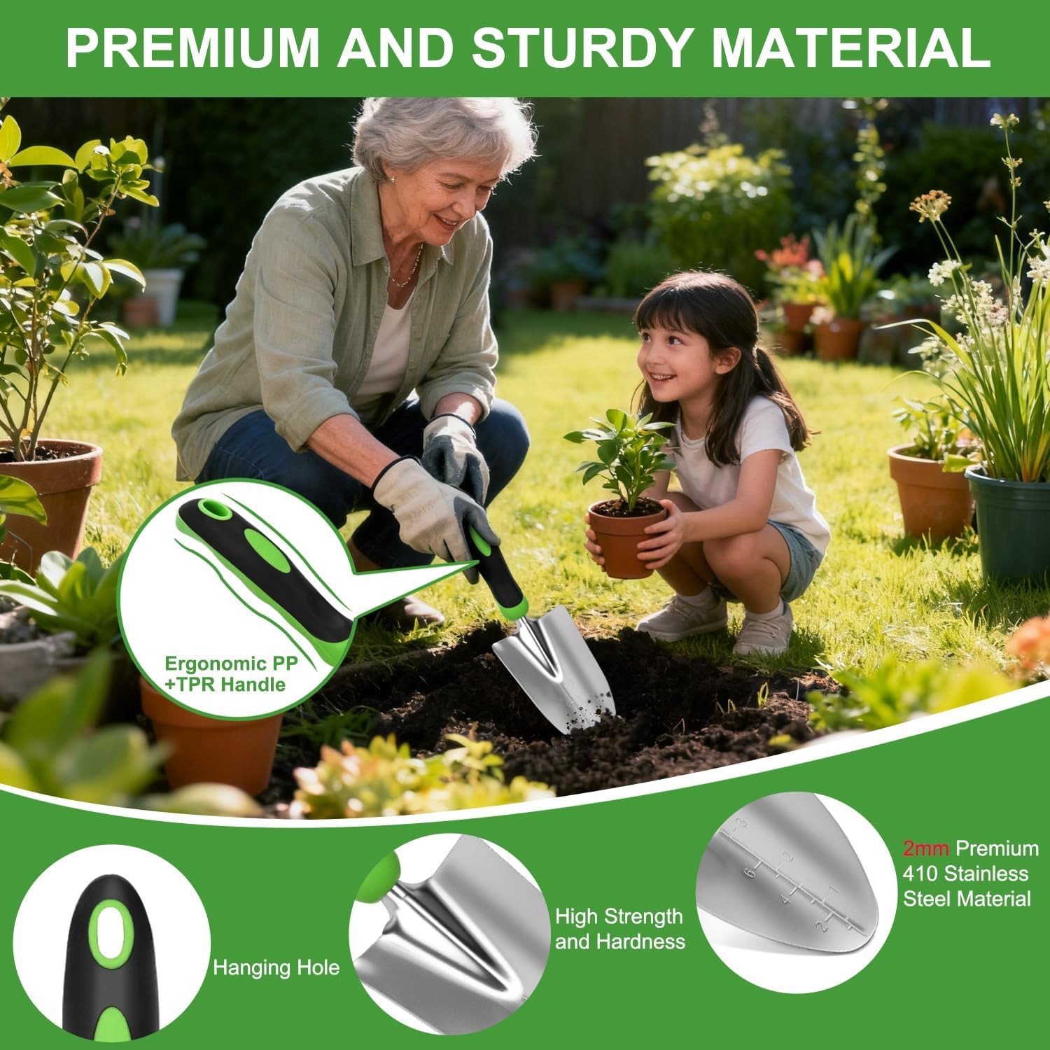 7-Piece Gardening Tools Heavy Duty Garden Tool Set Hand Tool Kit Black Green