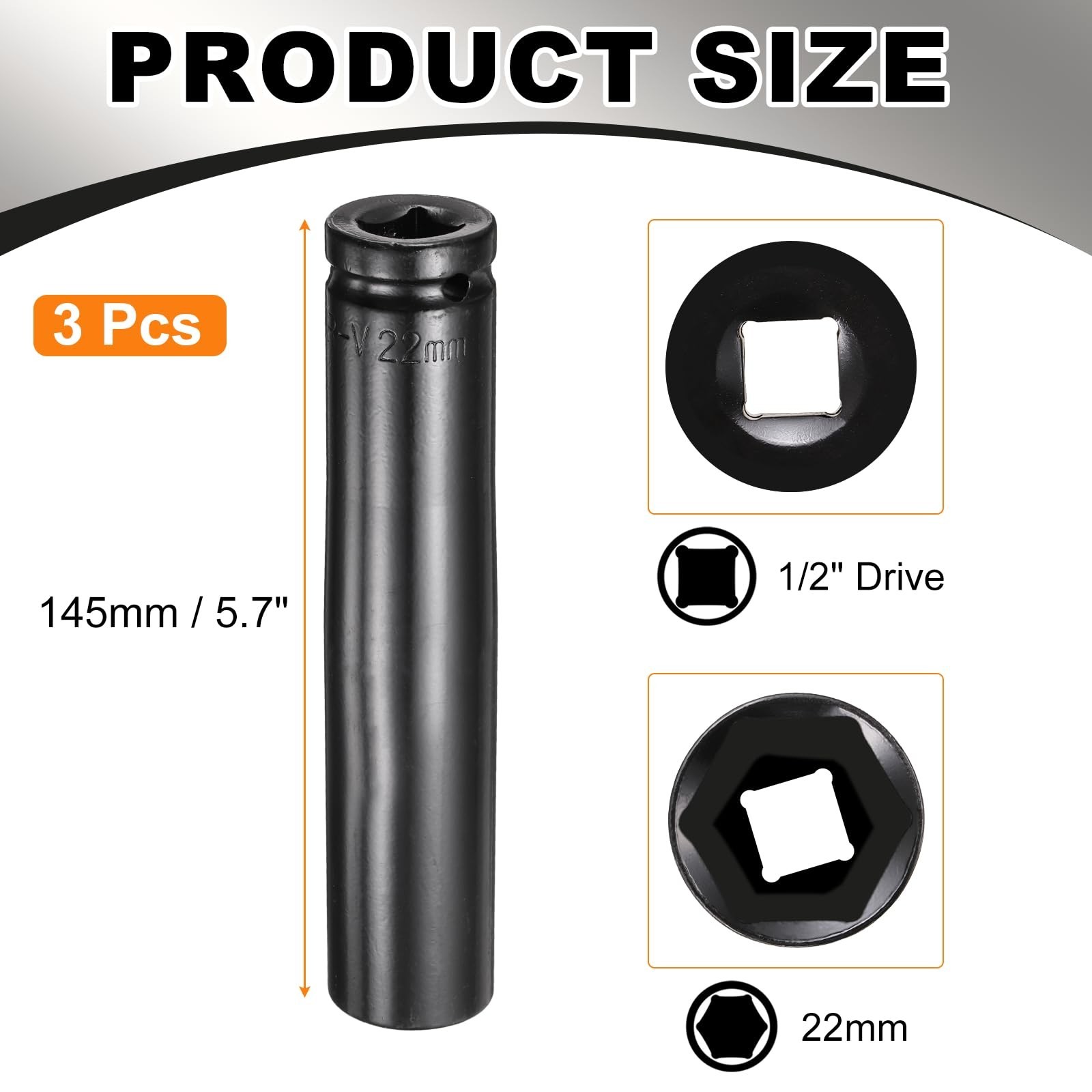 3pcs 6-Point Deep Impact Socket Set 1/2″ Drive 22mm Extra Long Heat-Treated Stee