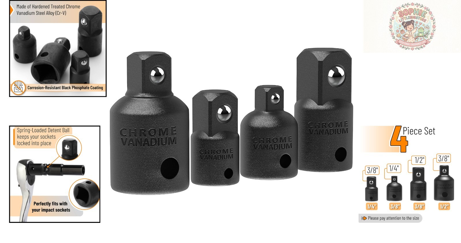 Bates 4-Piece Impact Socket Adapter Set – Chrome Vanadium Steel, Black Oxide