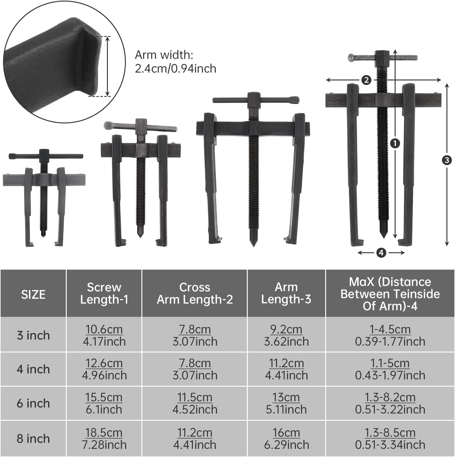 4 Pcs 2 Jaw Gear Puller Set 3/4/6/8 Inch – Heavy Duty Carbon Steel Reversible..,