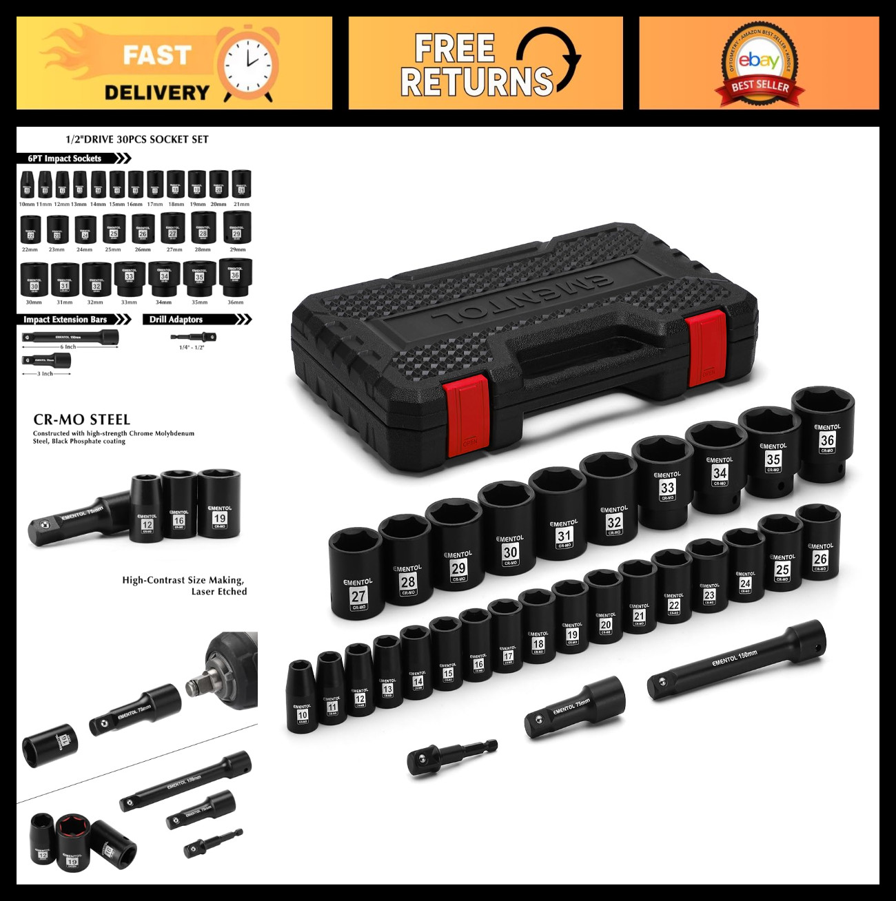 30PCS 1/2″ Drive Metric Shallow Impact Socket Set, 10mm-36mm, CR-MO, 6 Point, Ex