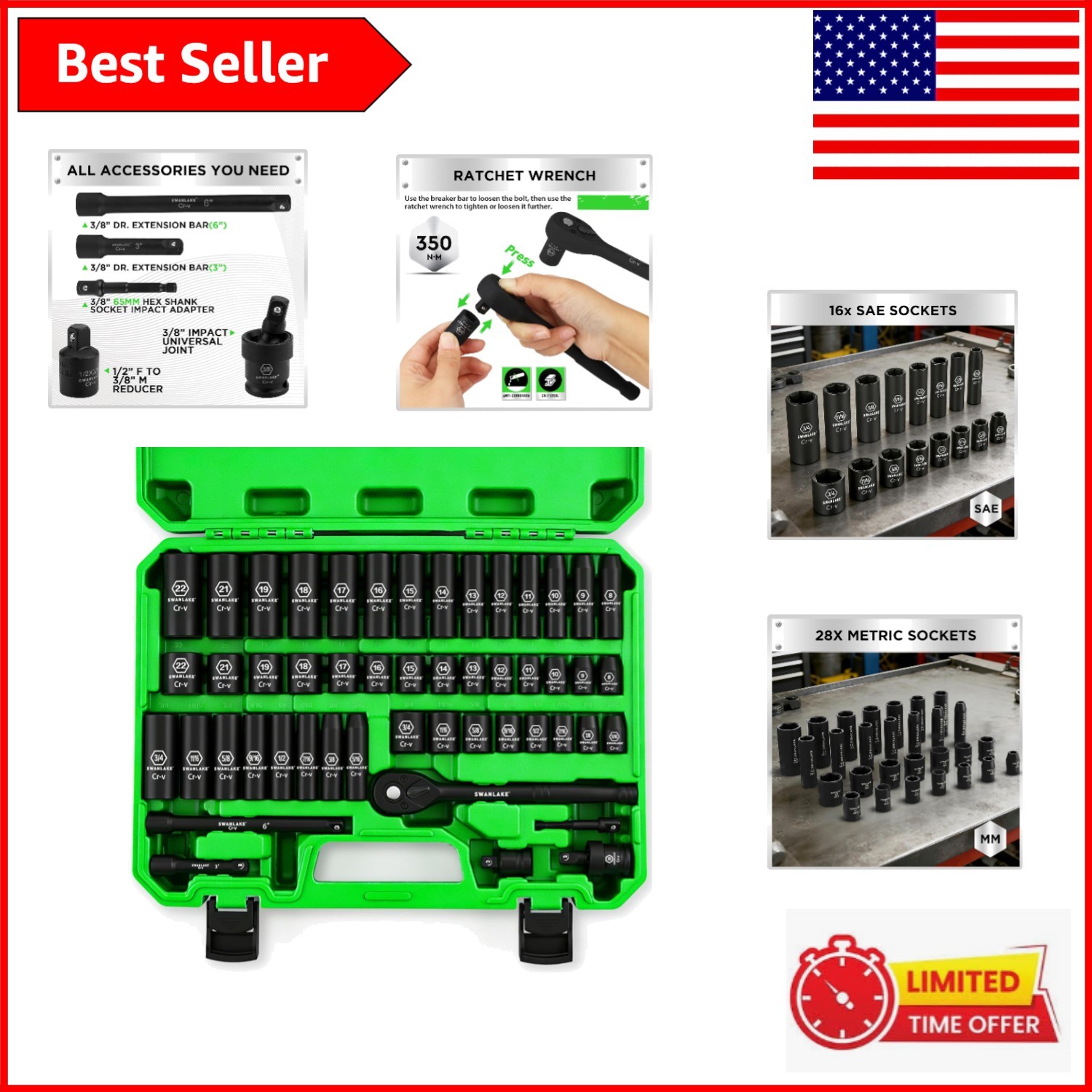 SWANLAKE 50-Piece 3/8» Drive Impact Socket Set with Precision Engineering