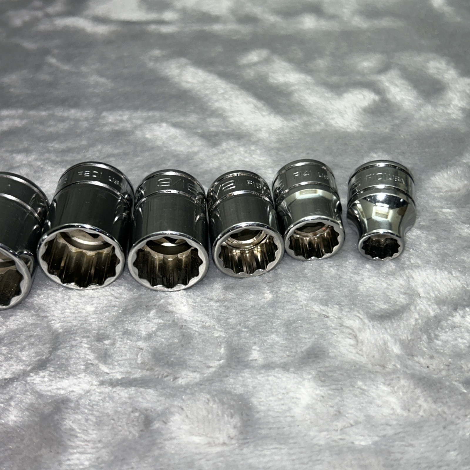 Snap On Tools 9pc Chrome 12pt. SAE Sockets 3/8″ Dr. F1 And F2 7/8-5/16 READ USA