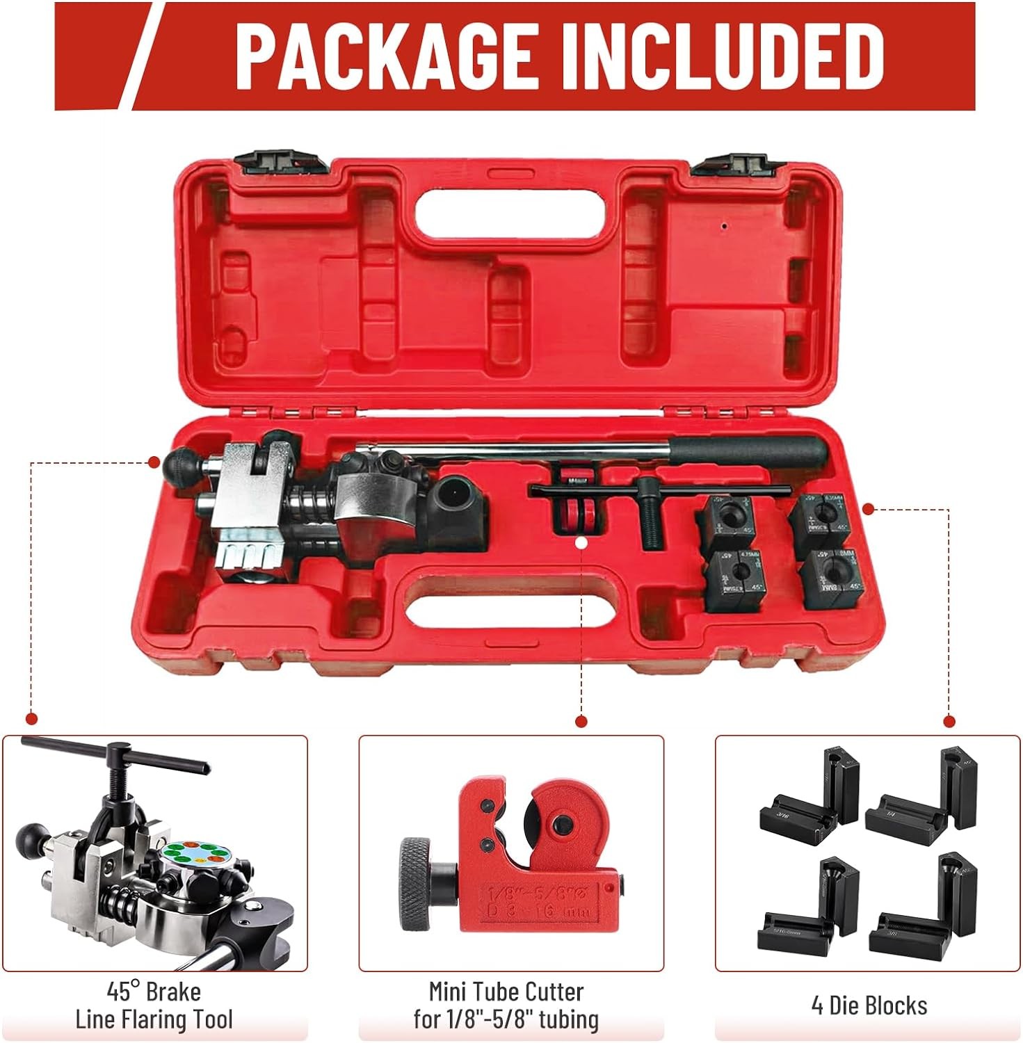 1 PACK 45° Brake Line Flaring Tool Repair Kit for 3/16″, 1/4″, 5/16″, 3/8″ Tube