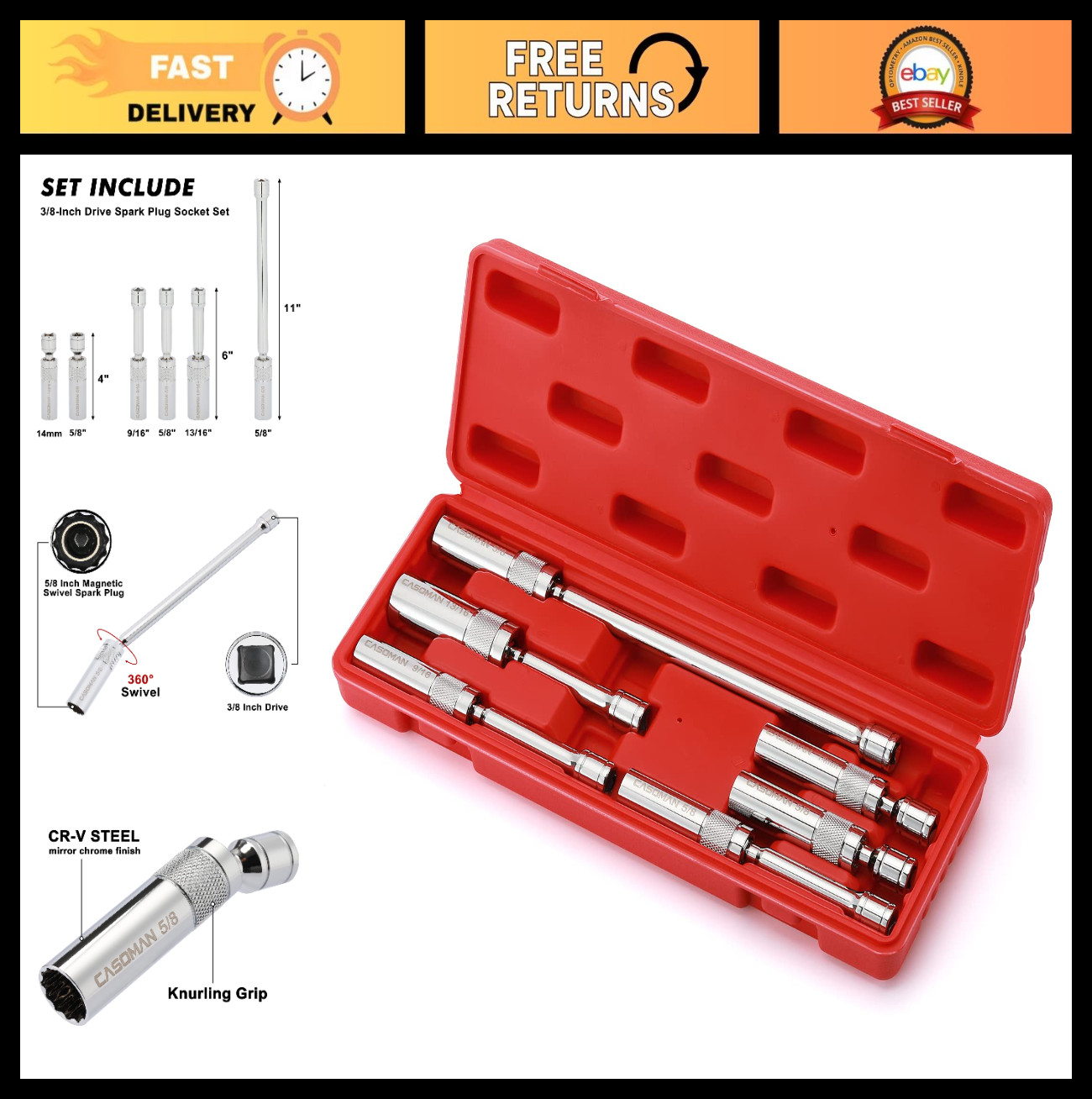 6PCS Magnetic Swivel Spark Plug Socket Set 3/8″ Drive – 9/16″, 5/8″, 13/16″, 14m