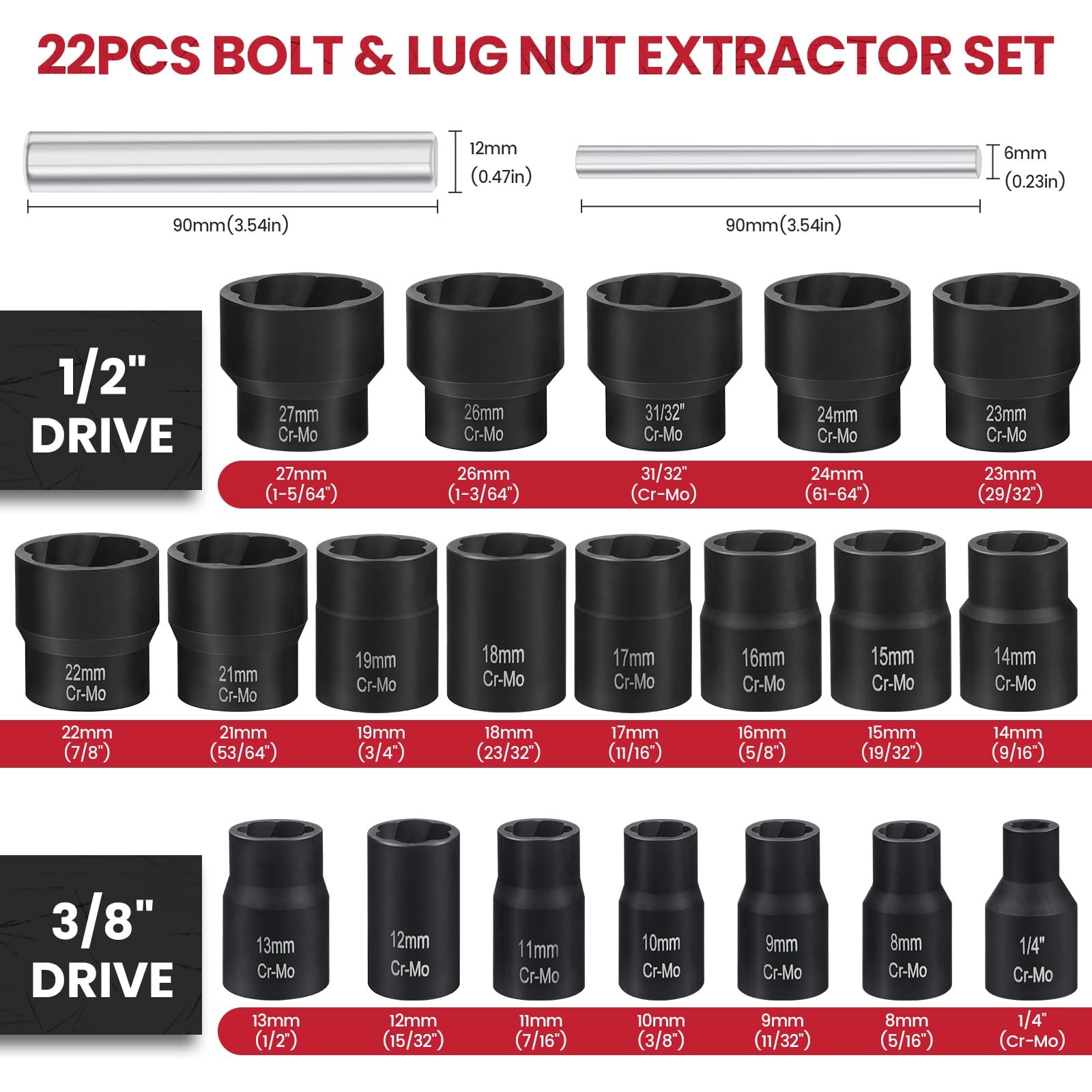 22PCS Bolt Extractor Set, 1/2″ and 3/8″ Drive Easy Out Stripped Locking Red
