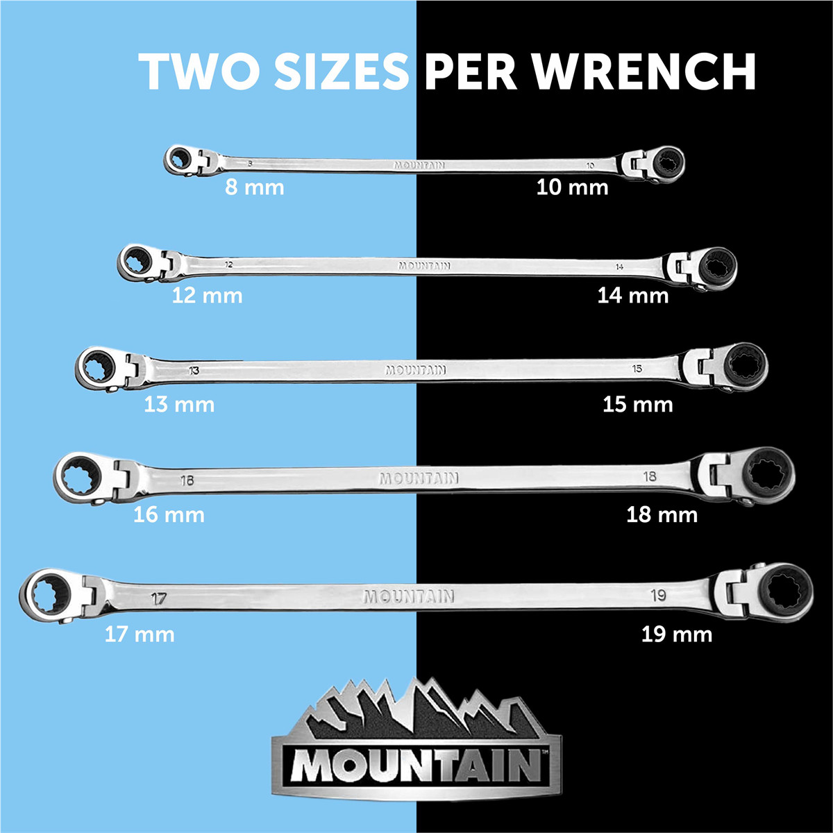 Mountain RM6, 5 Piece Metric Reversible Spline Ratcheting Wrench Set, Extra Long