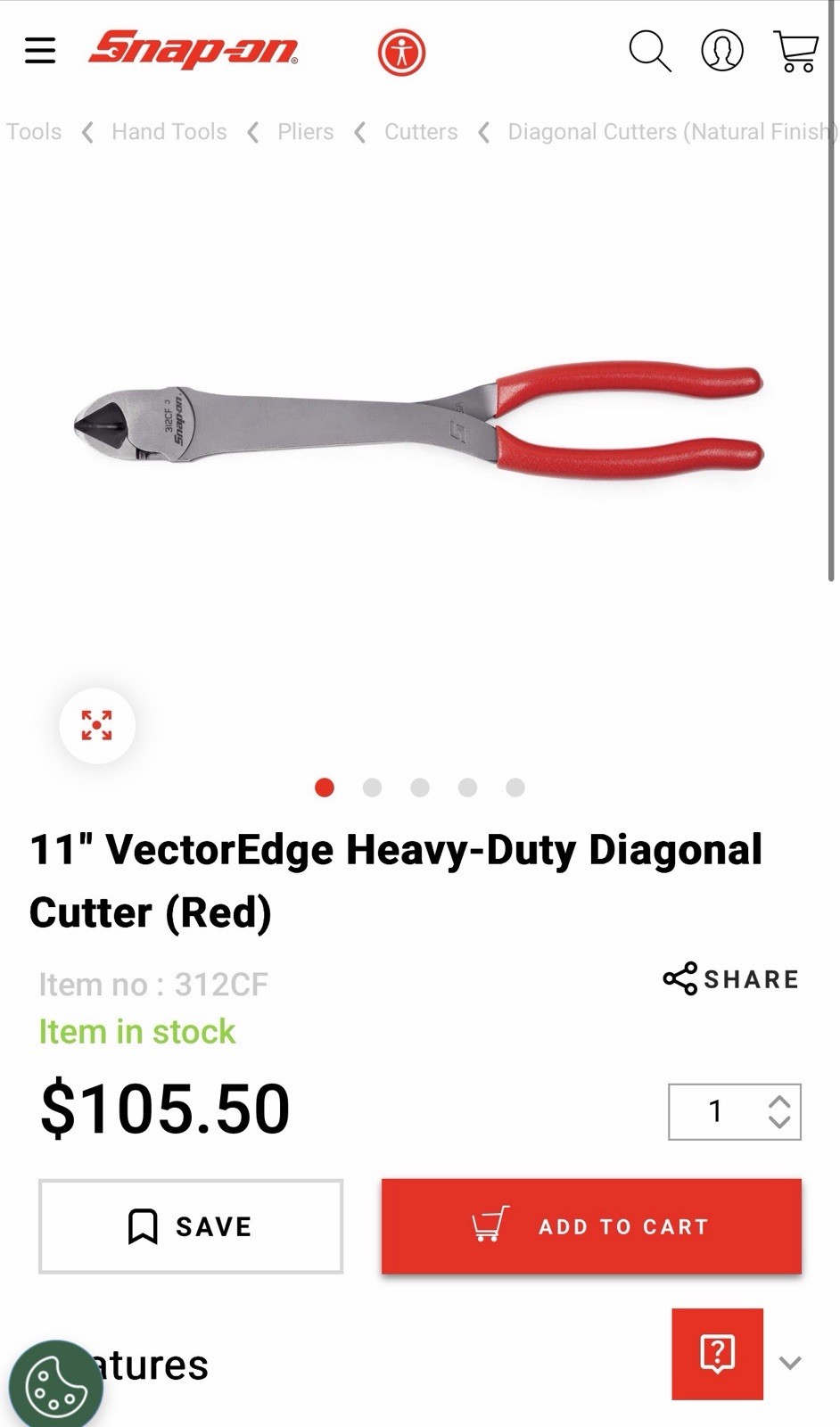 Snap-On 312CF Red 11″ VectorEdge Heavy-Duty Diagonal Cutter