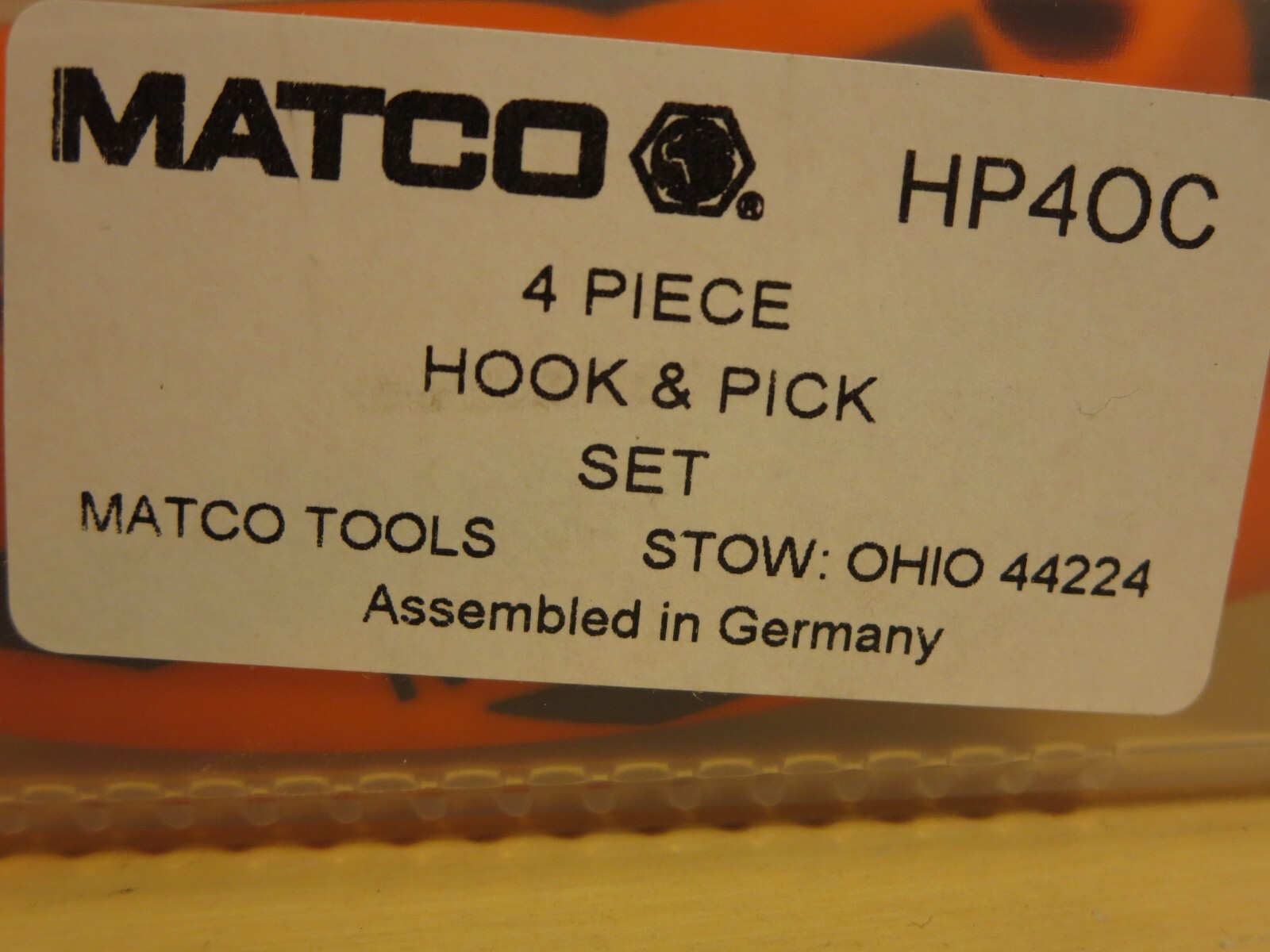 Matco HP40C 4Pc Hook and Pick Set w/case New made by Witte in Germany