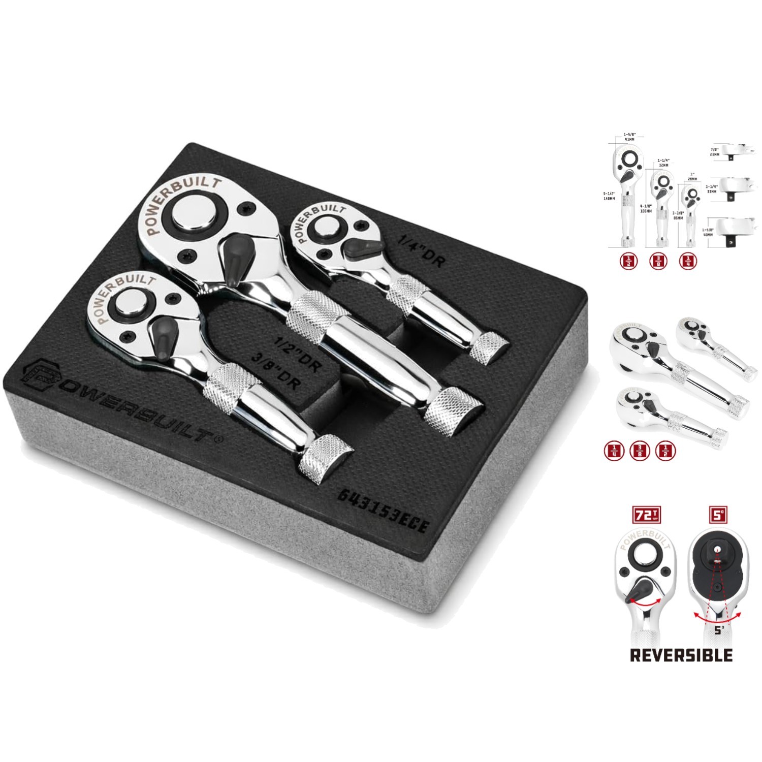 3-Piece Stubby Ratchet Wrench Set – Quick-Release, 90 Tooth Performance