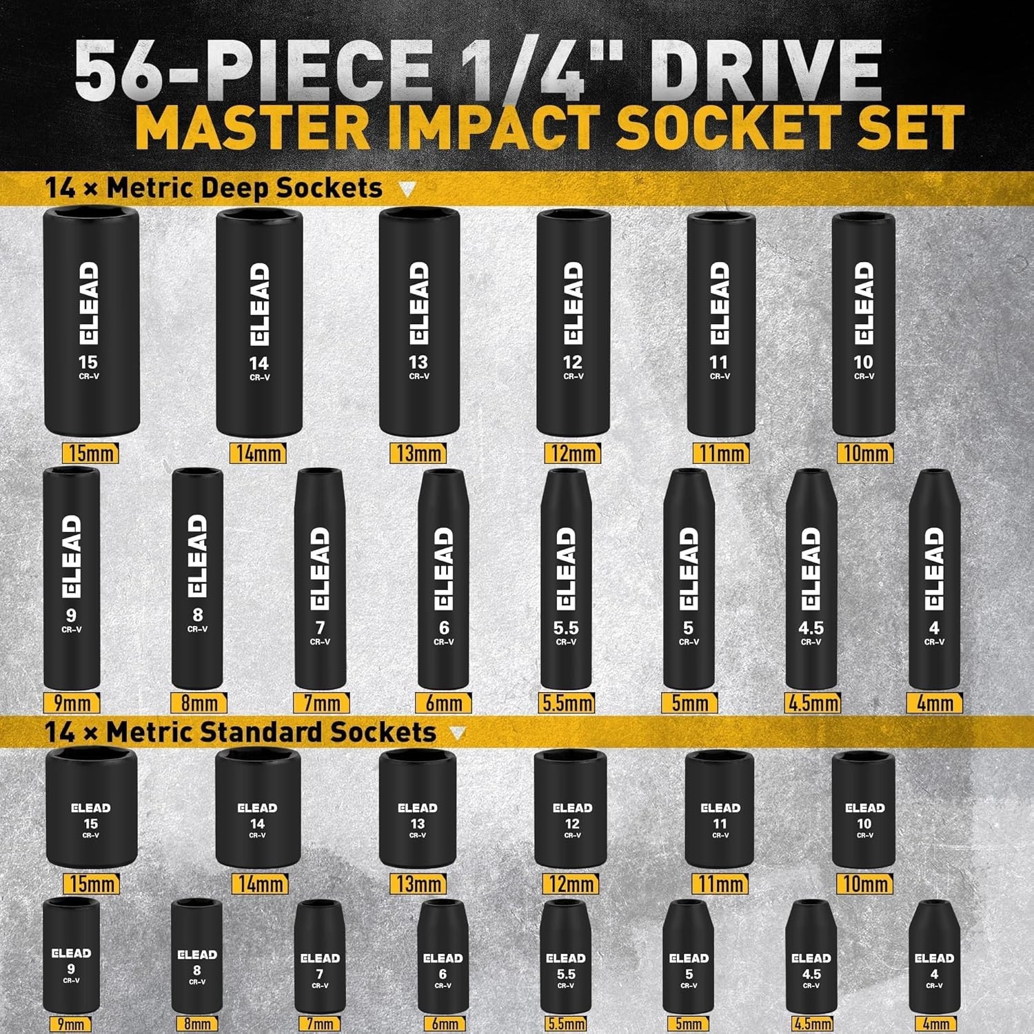 56pcs 1/4″ Drive Impact Socket Set with Case,SAE & Metric,Deep & Shallow,6-Point