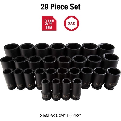 Sunex 4695 Deep SAE Impact Socket Set, 3/4 inch Drive, 29-Pieces